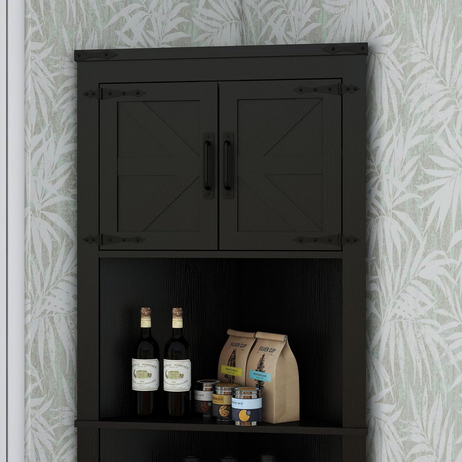Panana Tall Corner Cabinet with Barn Doors and Adjustable Shelves Black