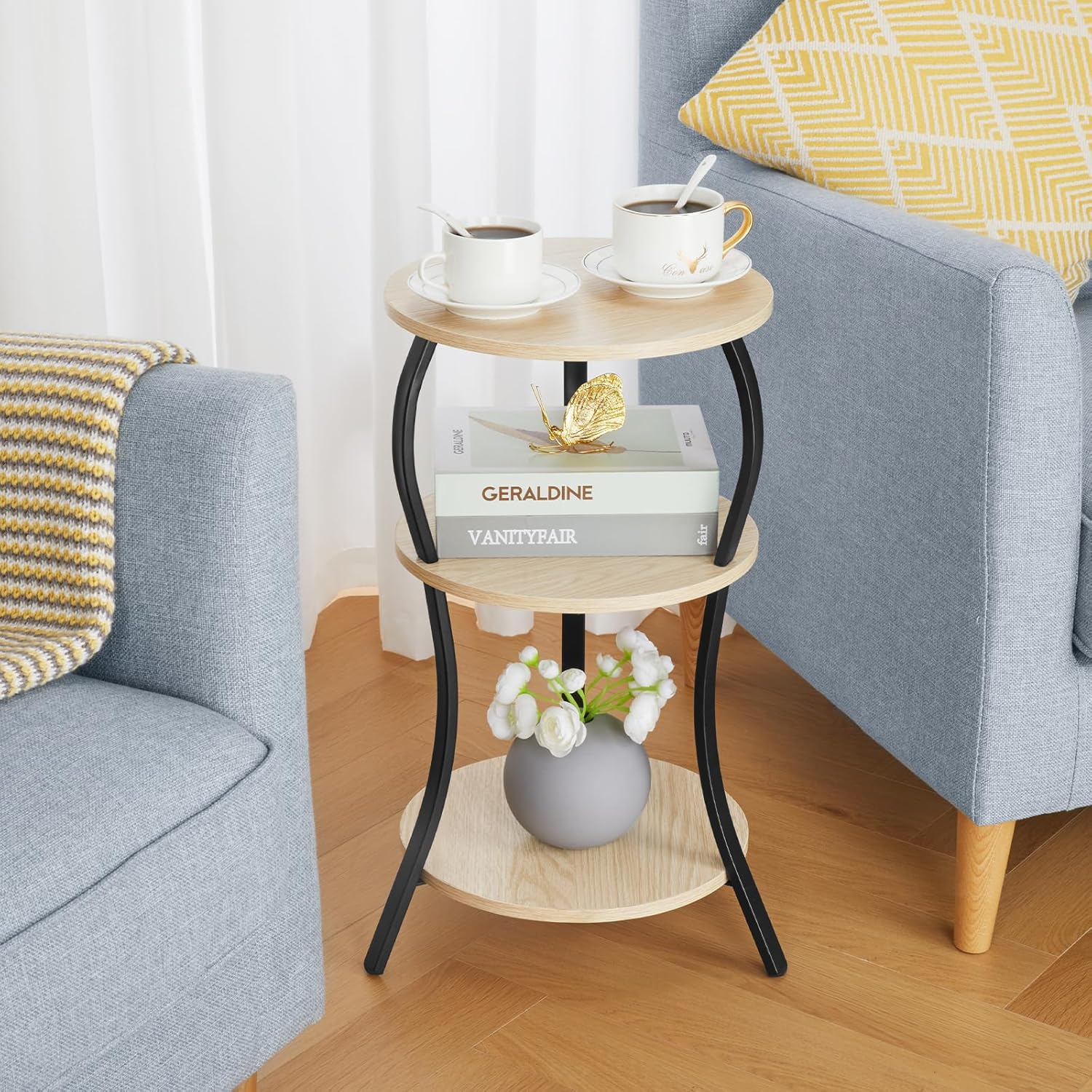 YEAKOO Vintage 3-Tier Round Side Table with Storage