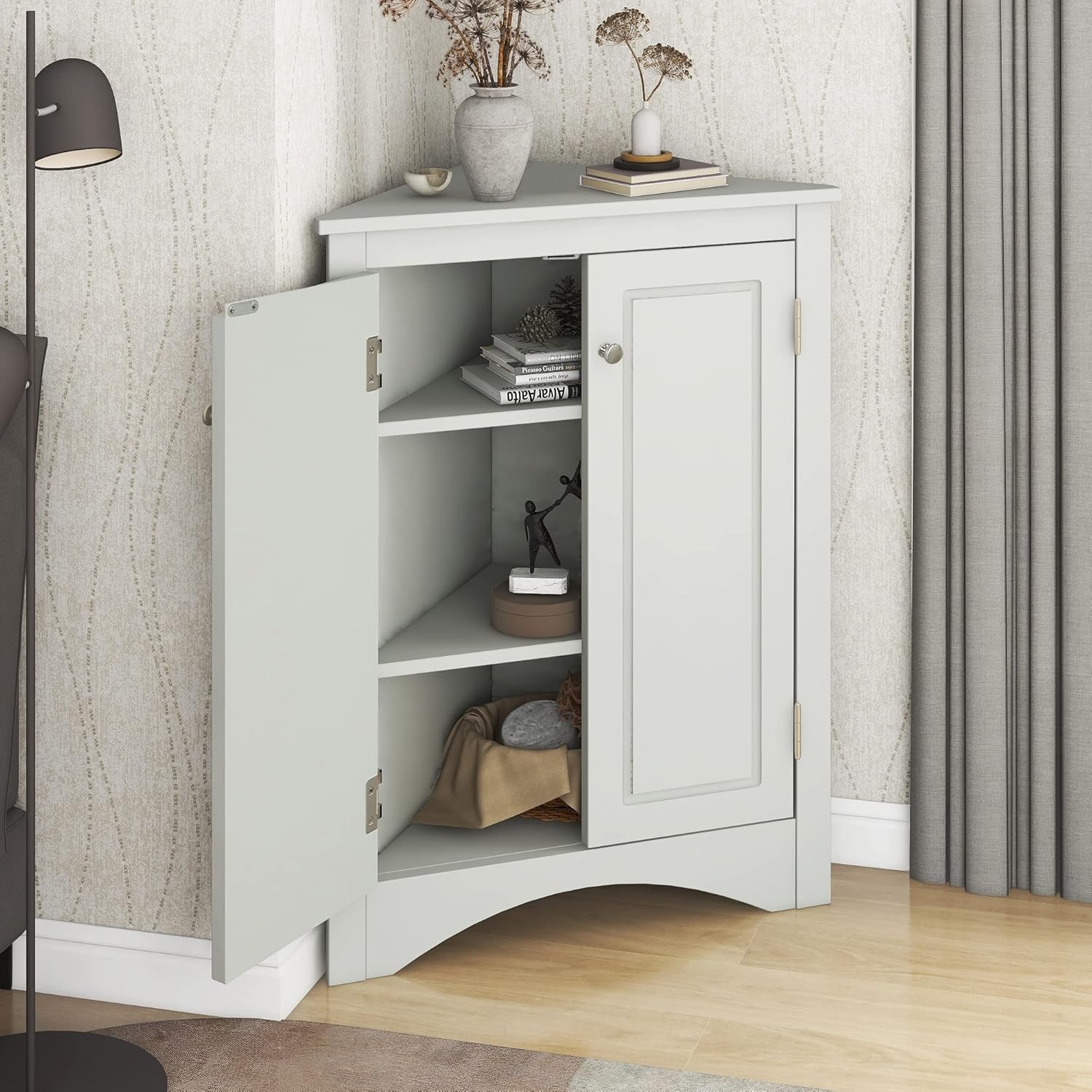 GDFStudio 315 Inch H Triangle Corner Storage Cabinet Grey