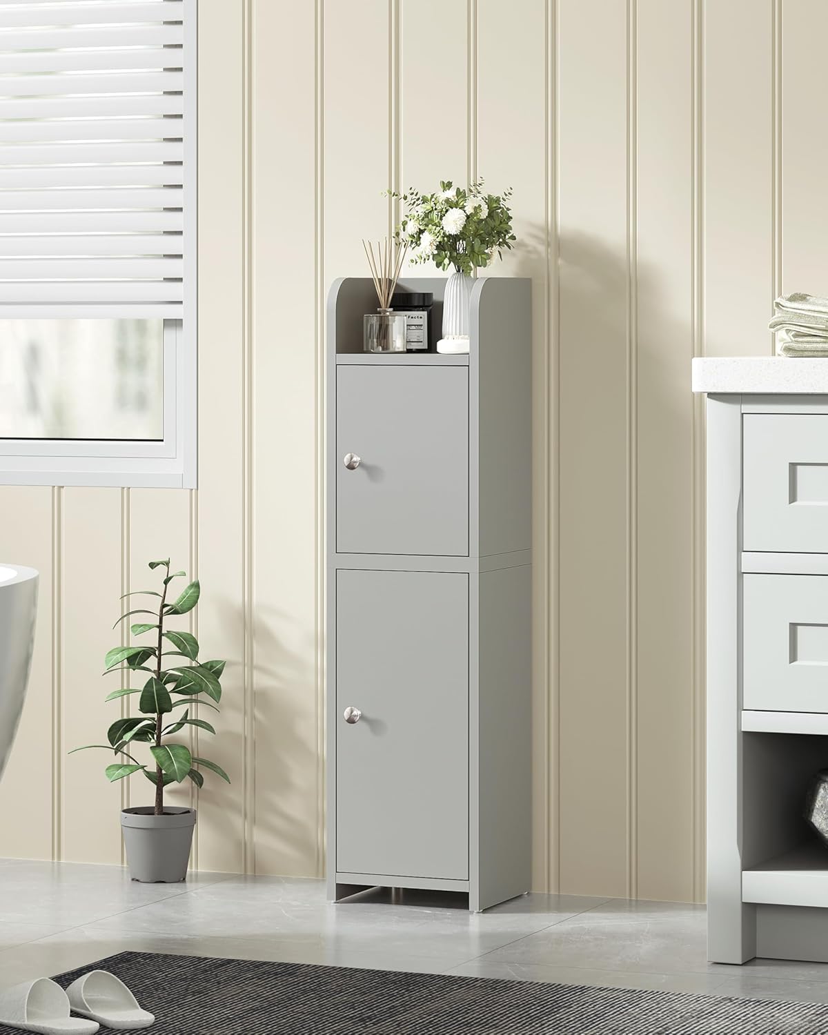 FIONESO Small Bathroom Storage Cabinet with Doors and Adjustable Shelves Grey