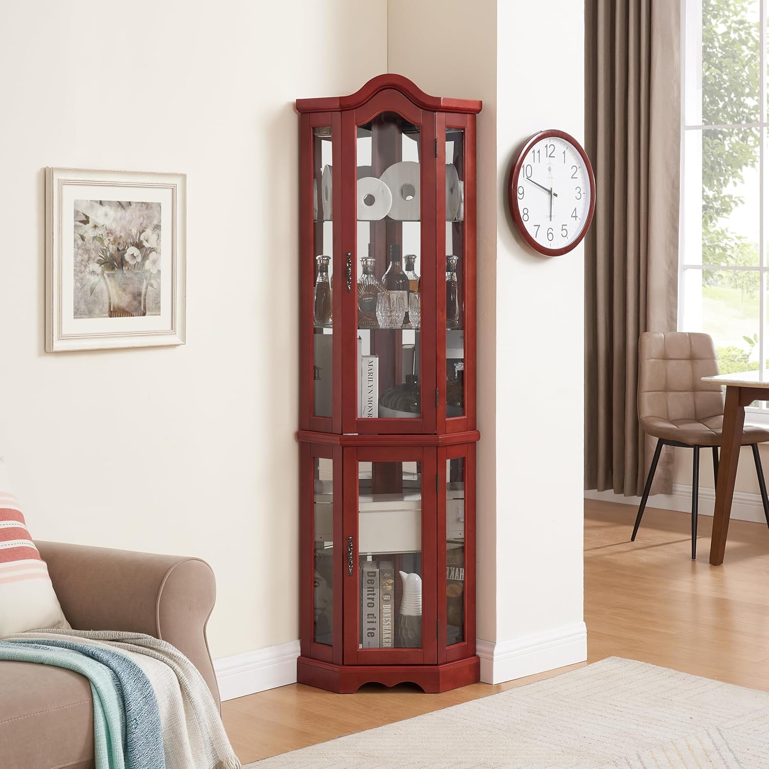 Maximize Space with Lighted Glass Curio Cabinet Corner Design Cherry Finish