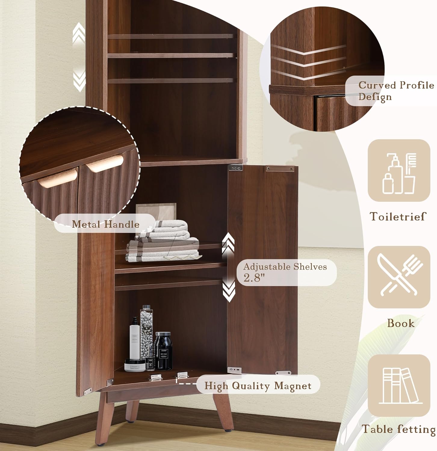 Grepatio 68 Tall Corner Cabinet with Fluted Doors and Adjustable Shelves