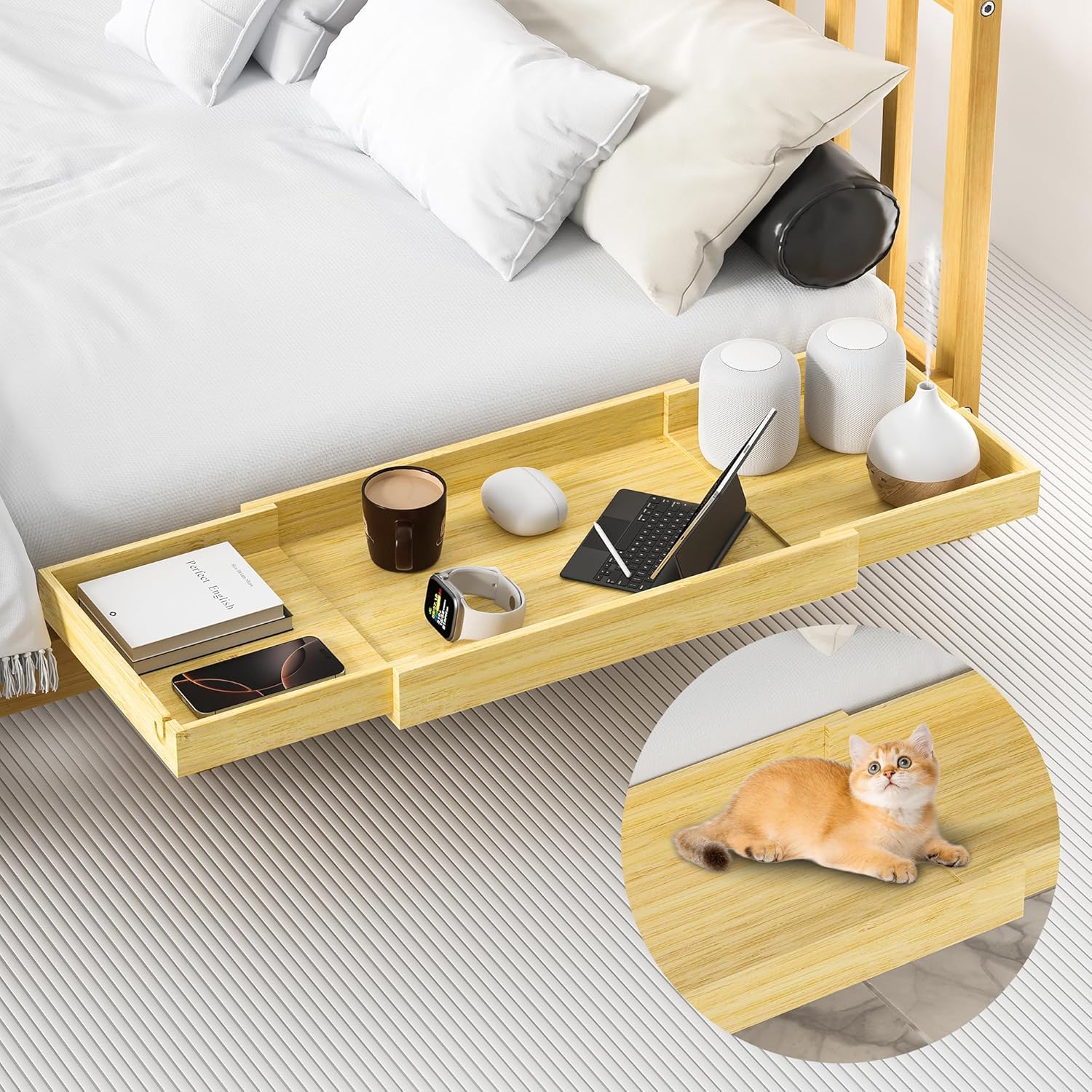 Expandable Bamboo Bedside Shelf for Top Bunk Nightstand