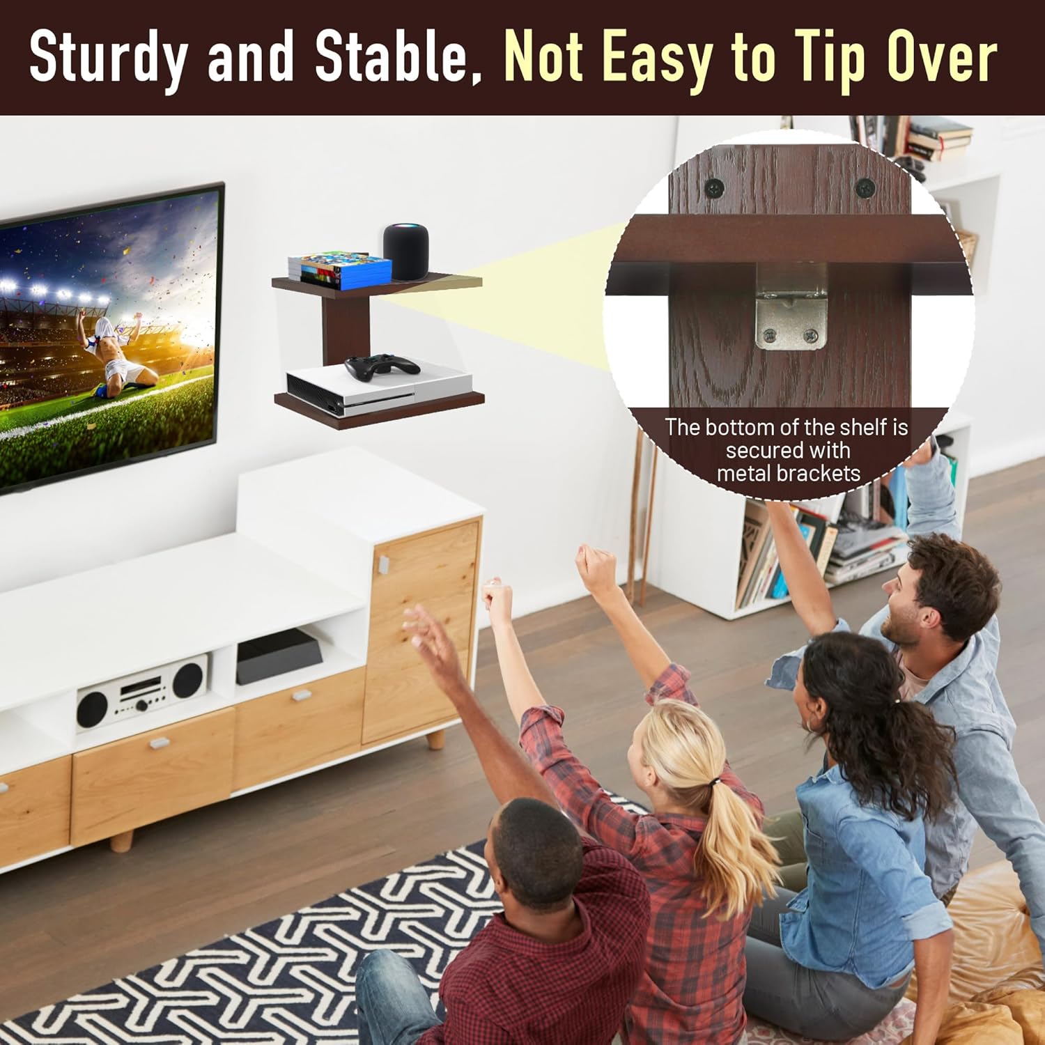 Floating Projector Wall Mount TV Shelf 2 Tiers Walnut