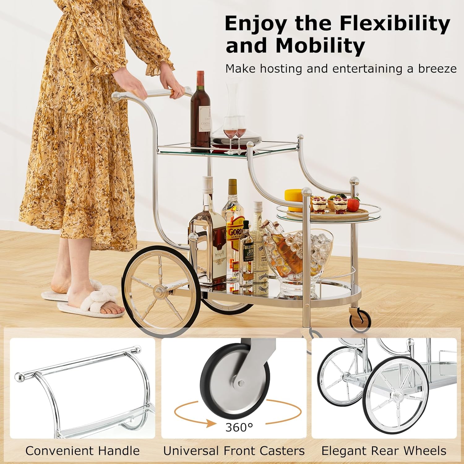 Tangkula 3-Tier Bar Cart with Mirrored Shelves and 4 Wheels