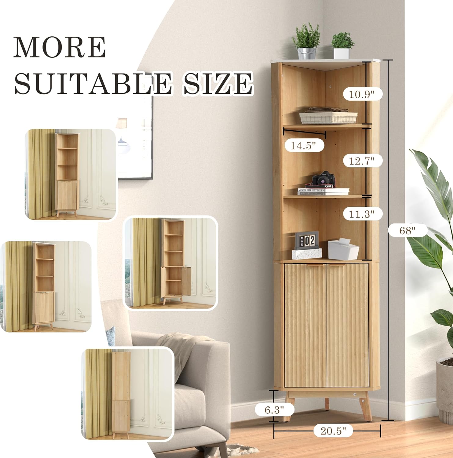 68 Corner Storage Cabinet with Fluted Doors and Adjustable Shelves