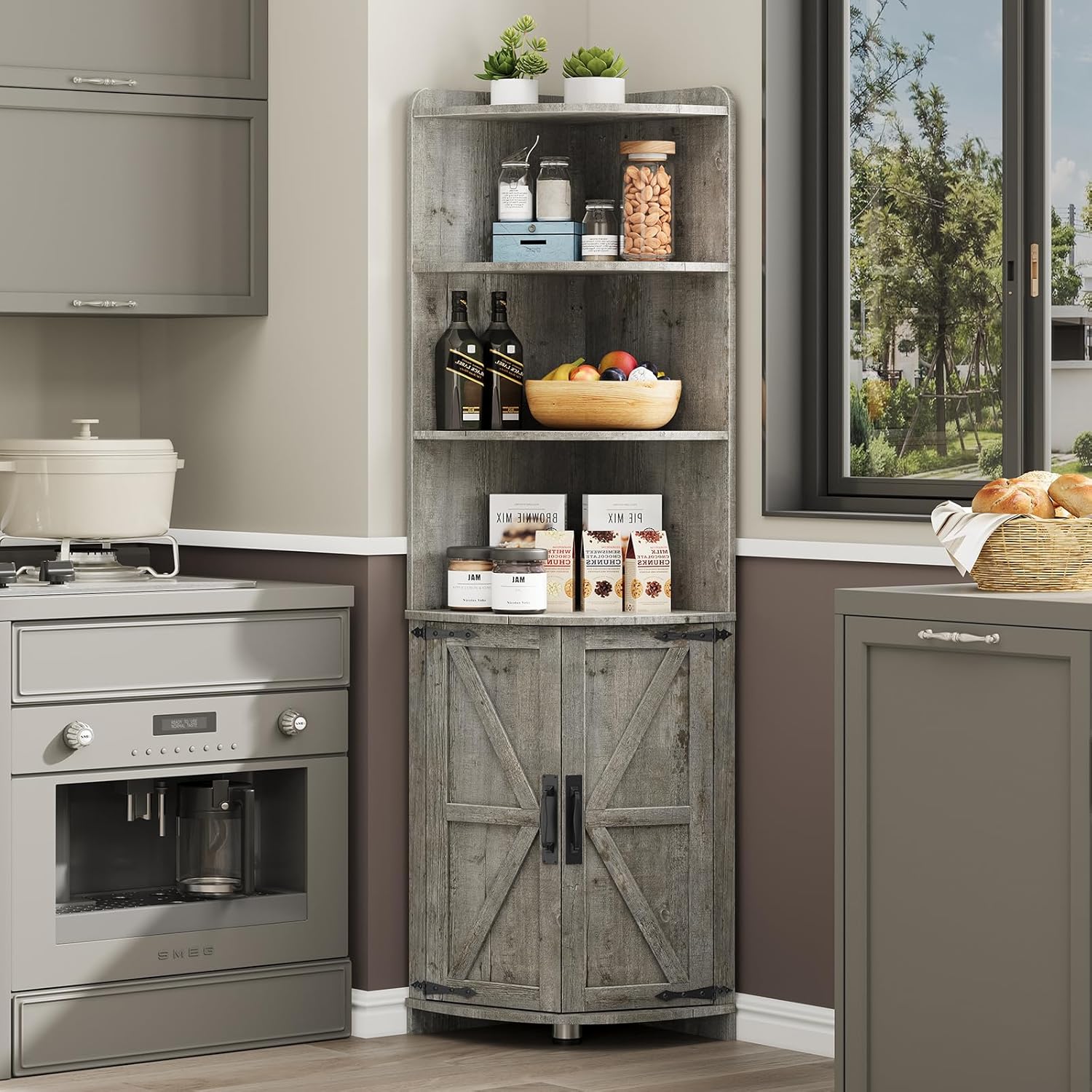 Vabches Tall Corner Cabinet with Barn Door Design Grey