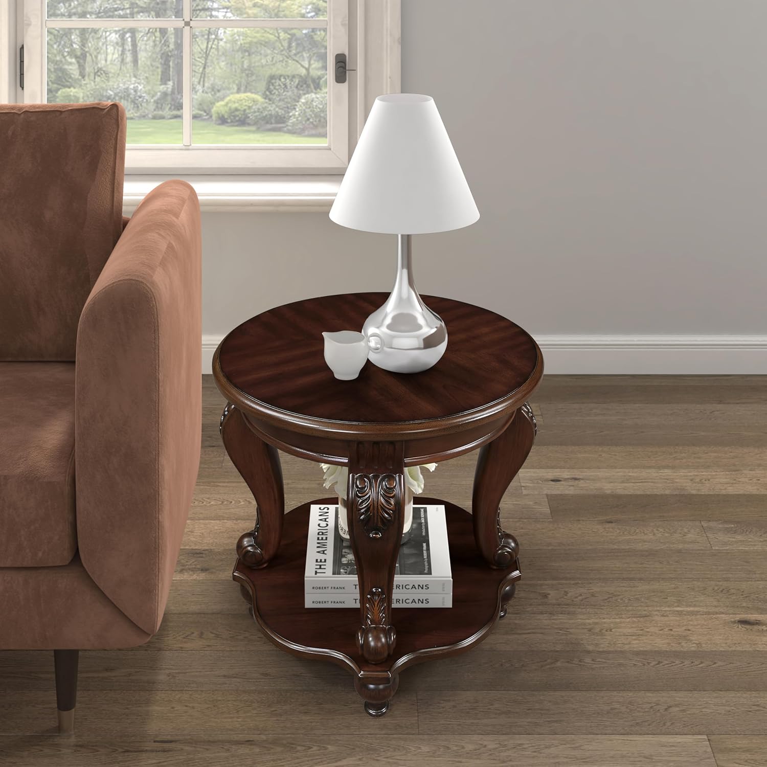 22 Round Wood End Table with 2-Tier Storage