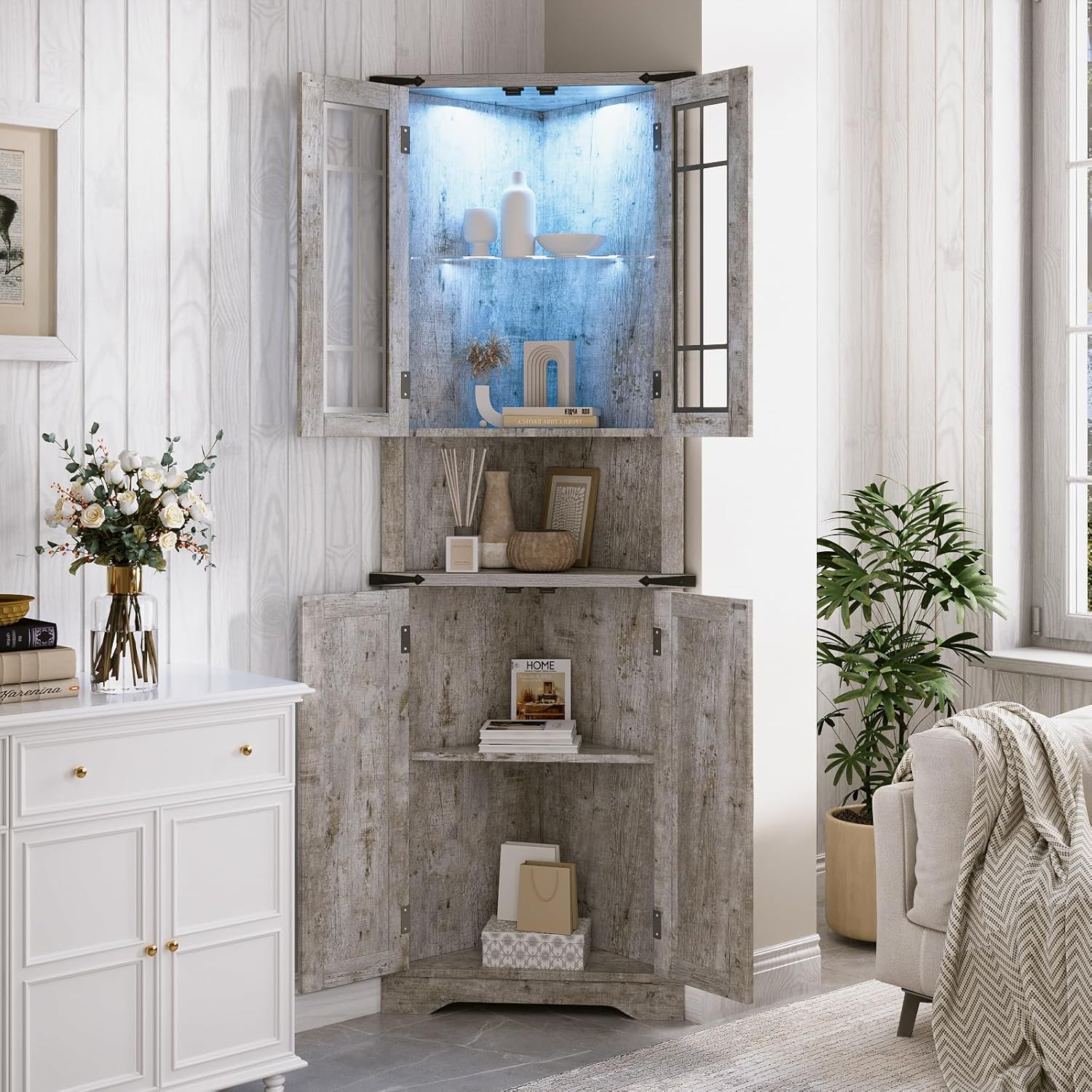 Farmhouse Corner Cabinet with LED Light