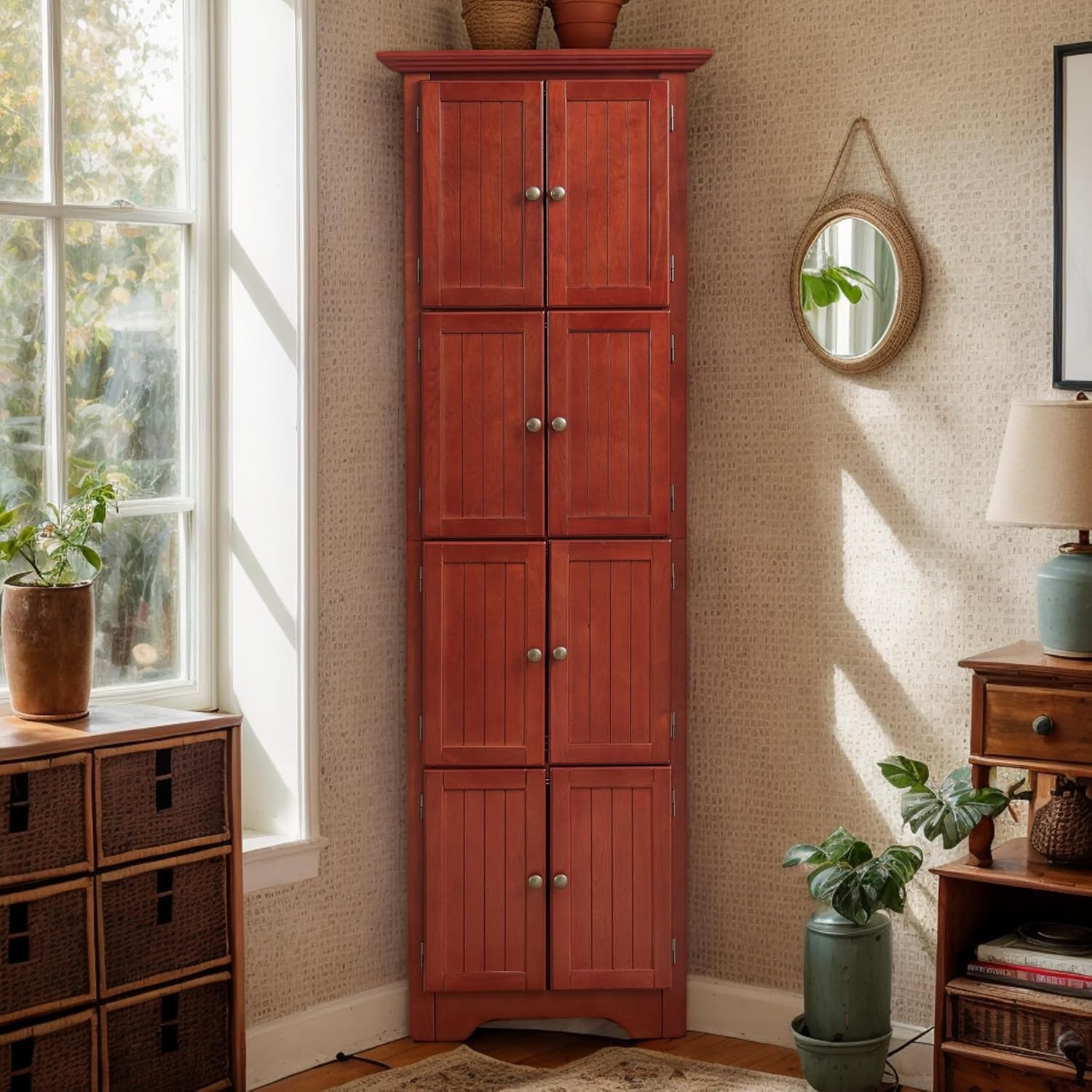 Corner Storage Cabinet 72 Inch Tall Wooden Kitchen Pantry with 8 Doors and 4 Adjustable Shelves