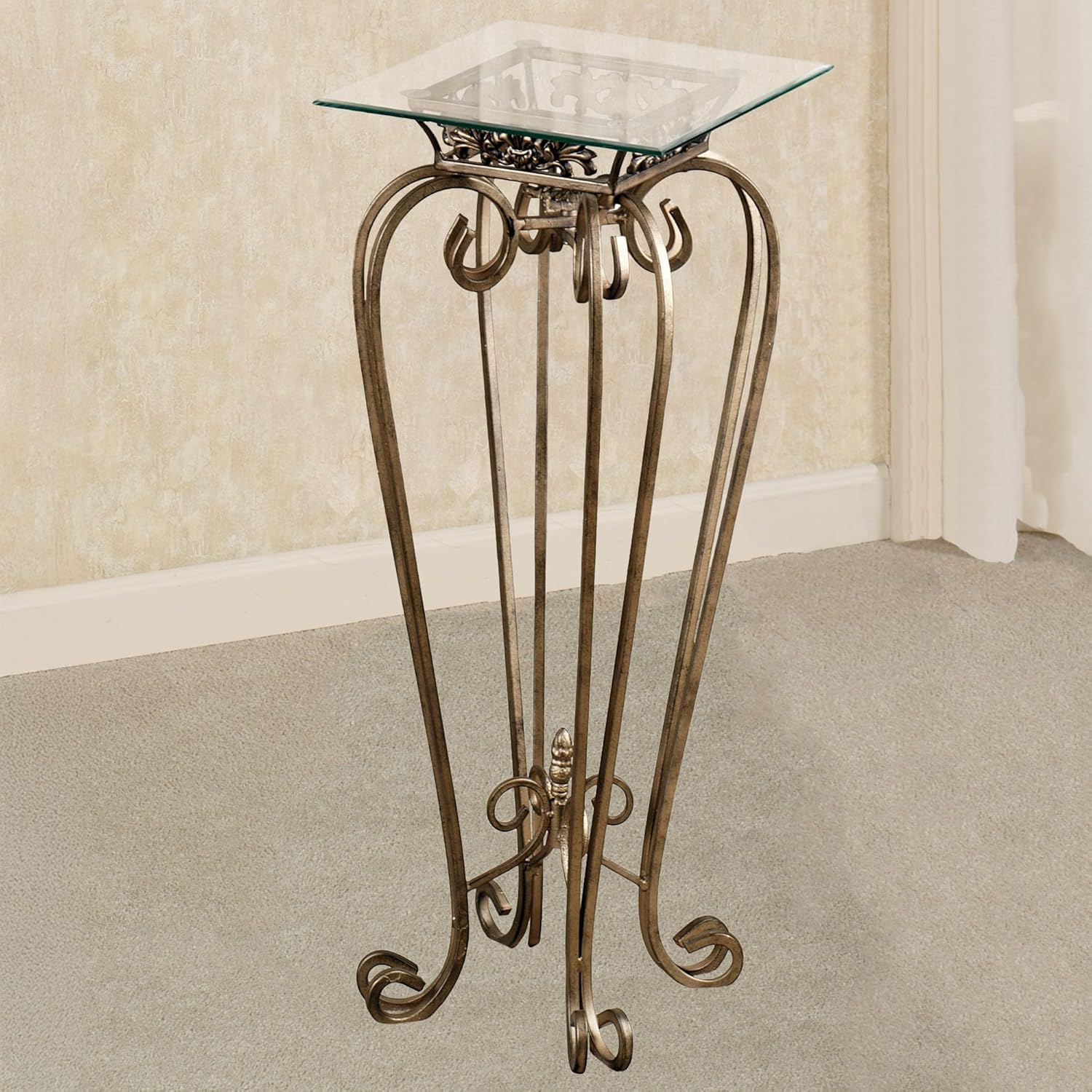Touch of Class Chalcedony Scroll Pedestal Table - Beveled Glass - Antique Gold