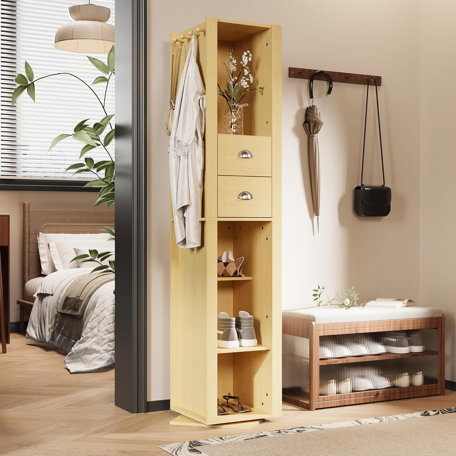 Rotating Storage Cabinet with Mirror Narrow Corner Bookshelf Entryway Organizer 4 Hooks 2 Drawers Beige 138x138x648