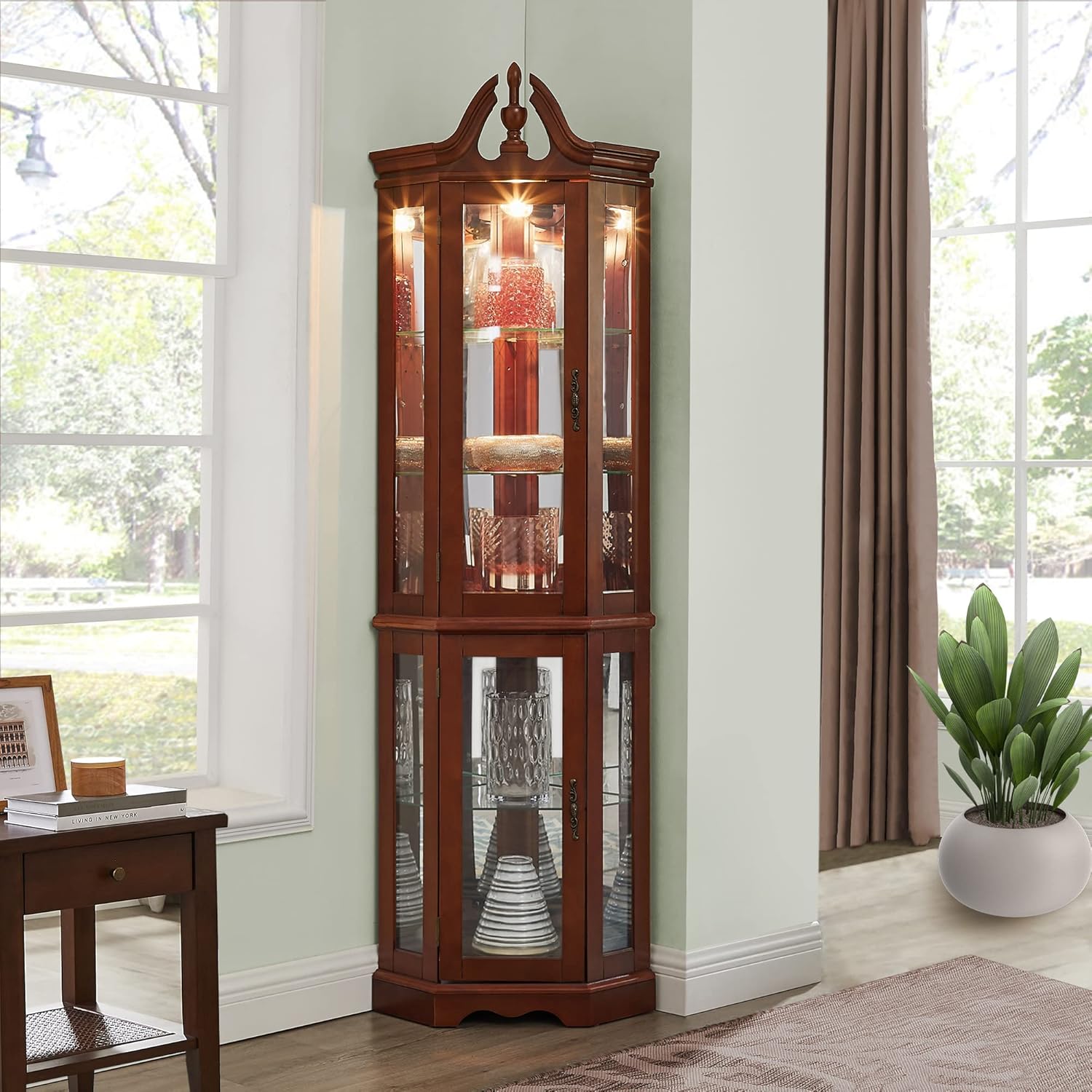 Lighted Corner Curio Display Cabinet with Tempered Glass Doors
