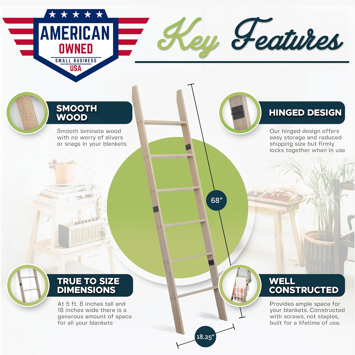 Blanket Ladder 5ft 8in 6-Tier Smokey Oak Rustic Decor