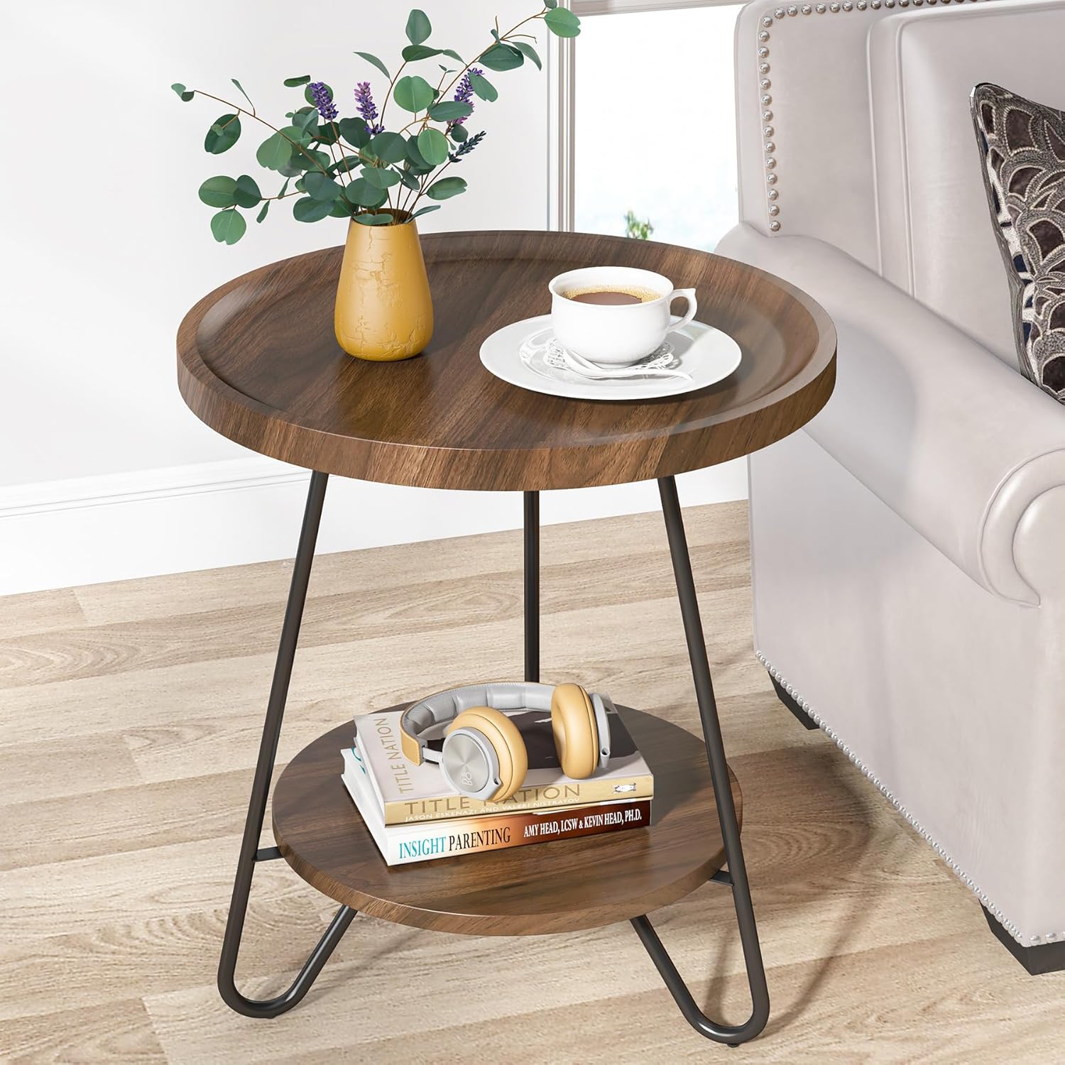 Tribesigns Round Side Table with Metal Legs 2-Tier End Table Modern Industrial Brown
