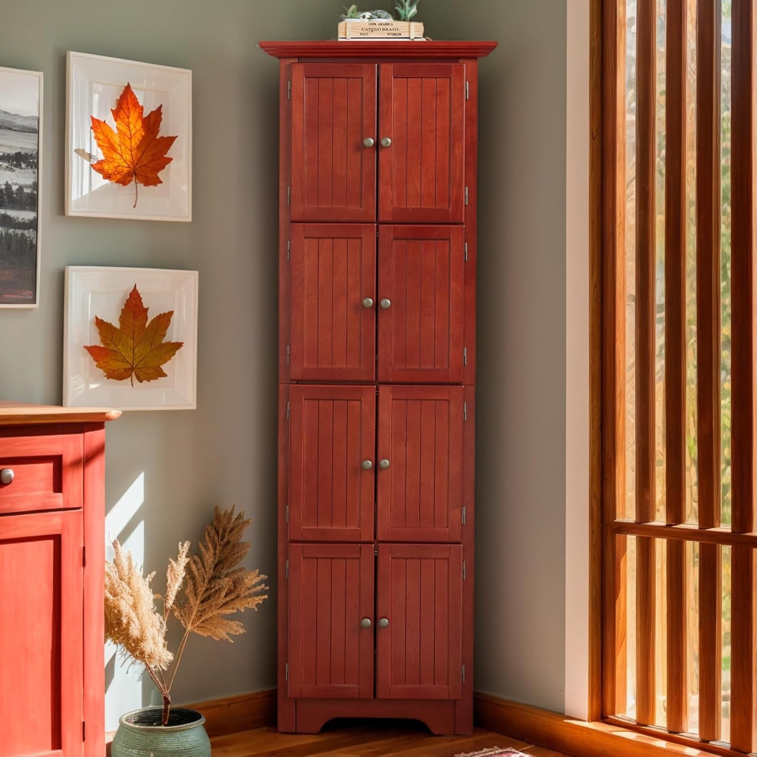 4 Tier Farmhouse Corner Storage Cabinet with 8 Doors and 4 Shelves 72 Inch Tall Cherry Wood Kitchen Pantry Organizer