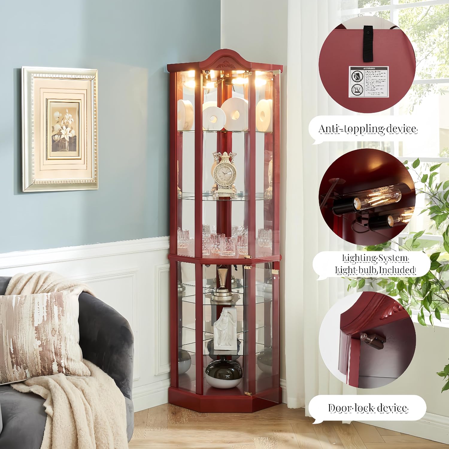 Lighted Corner Cabinet with Tempered Glass Doors and Adjustable Shelves