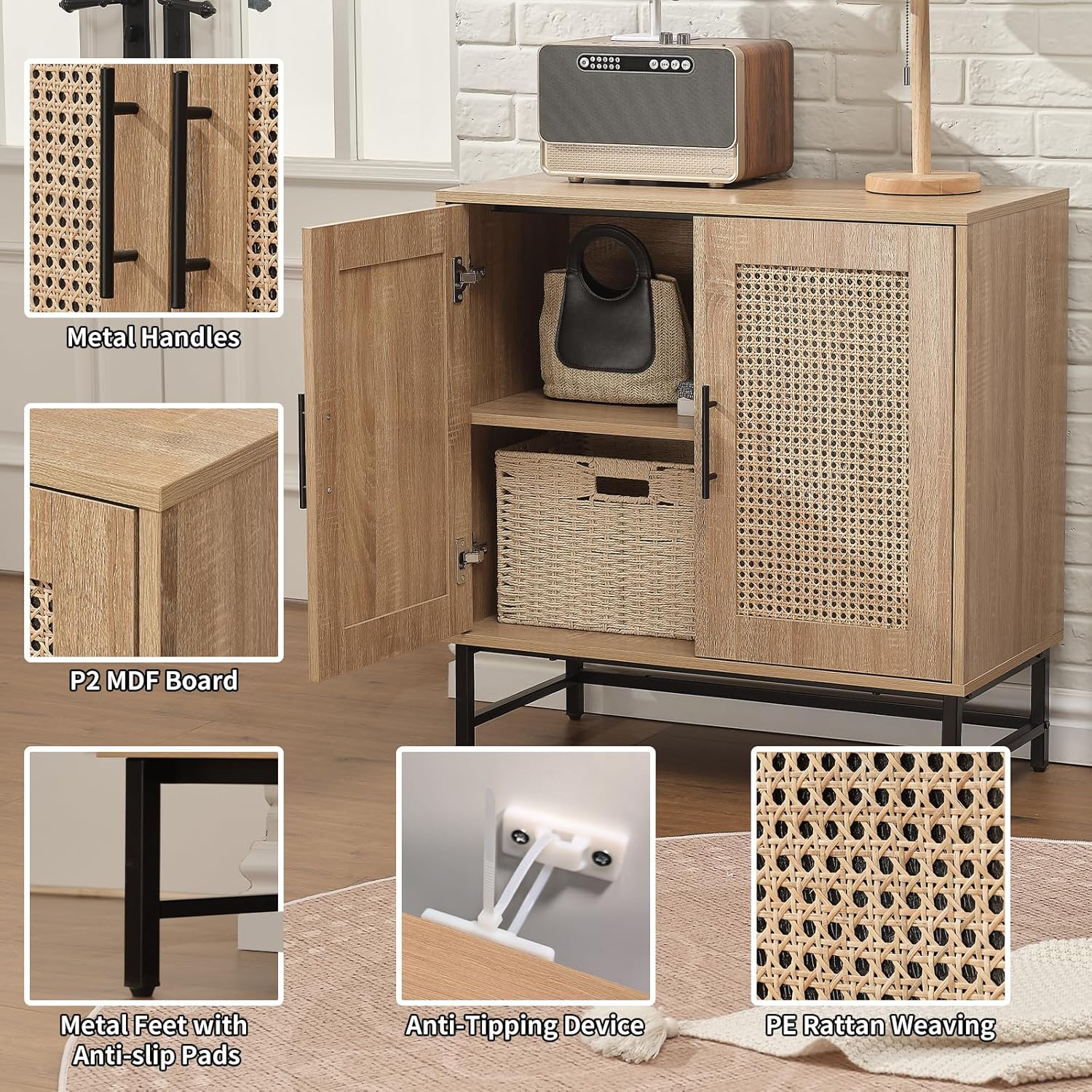 Modern Storage Cabinet with PE Rattan Door