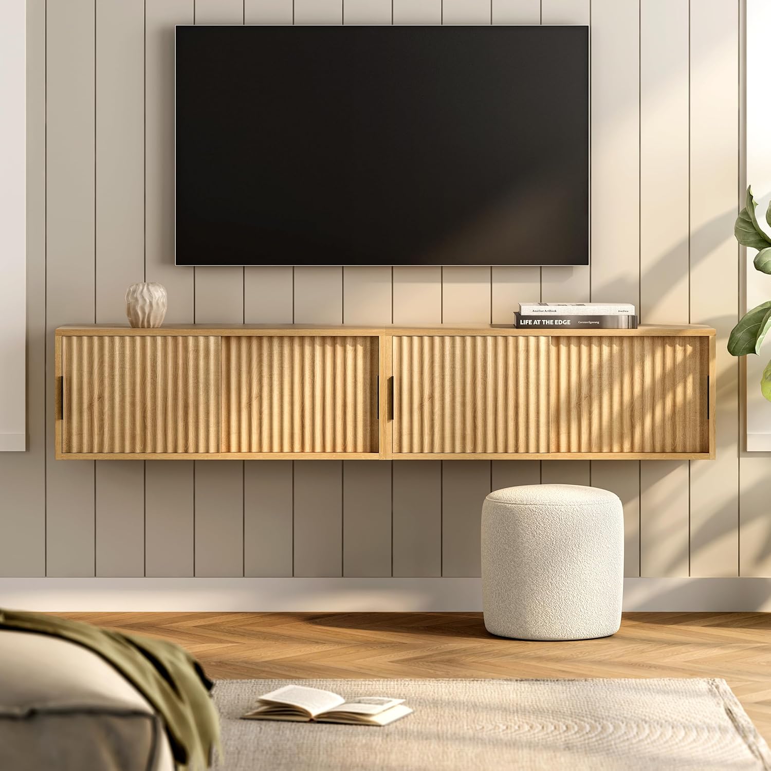 Fluted Wall Cabinet with Sliding Doors Natural Oak