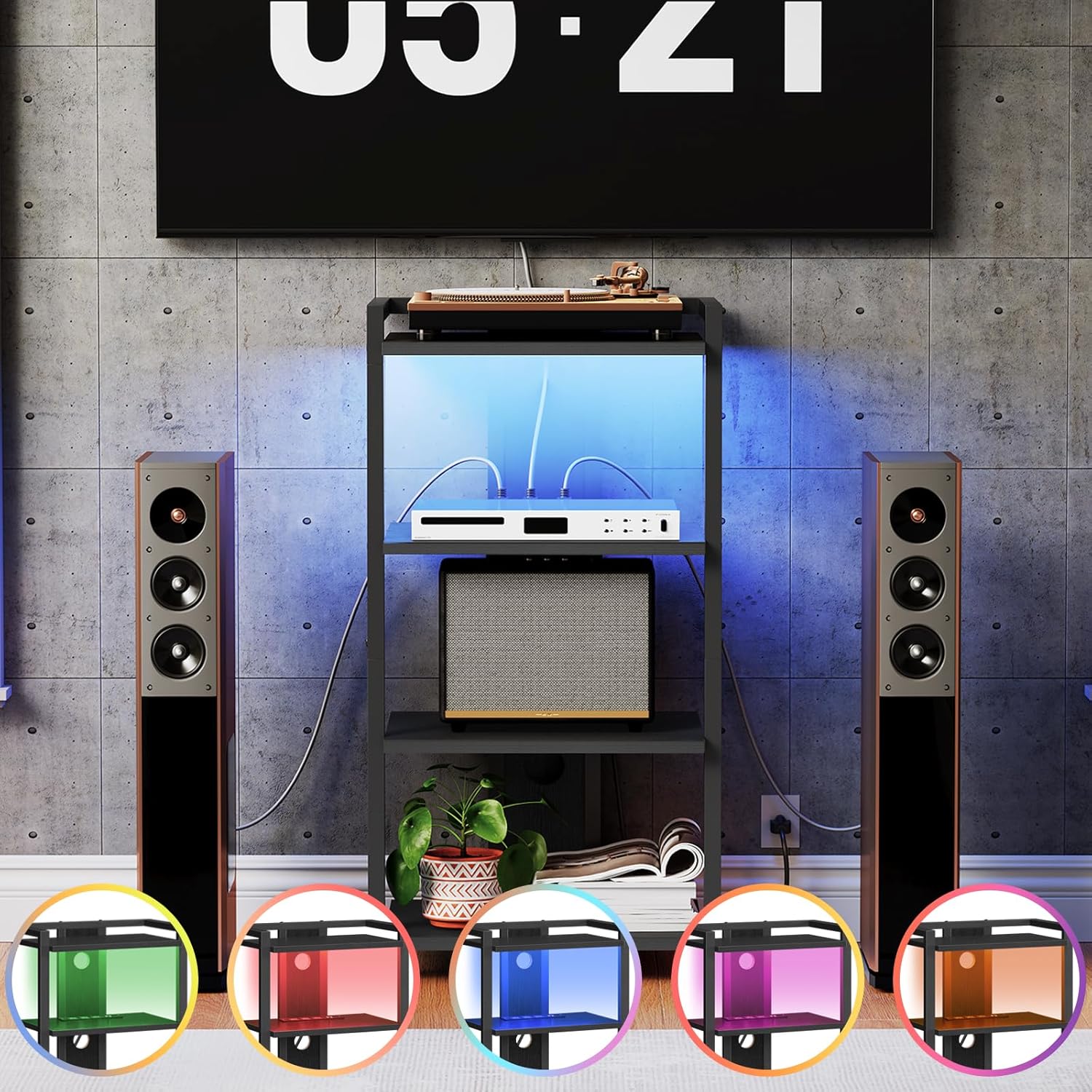 HOOBRO 4-Tier AV Media Console with LED Light and Charging Station Black