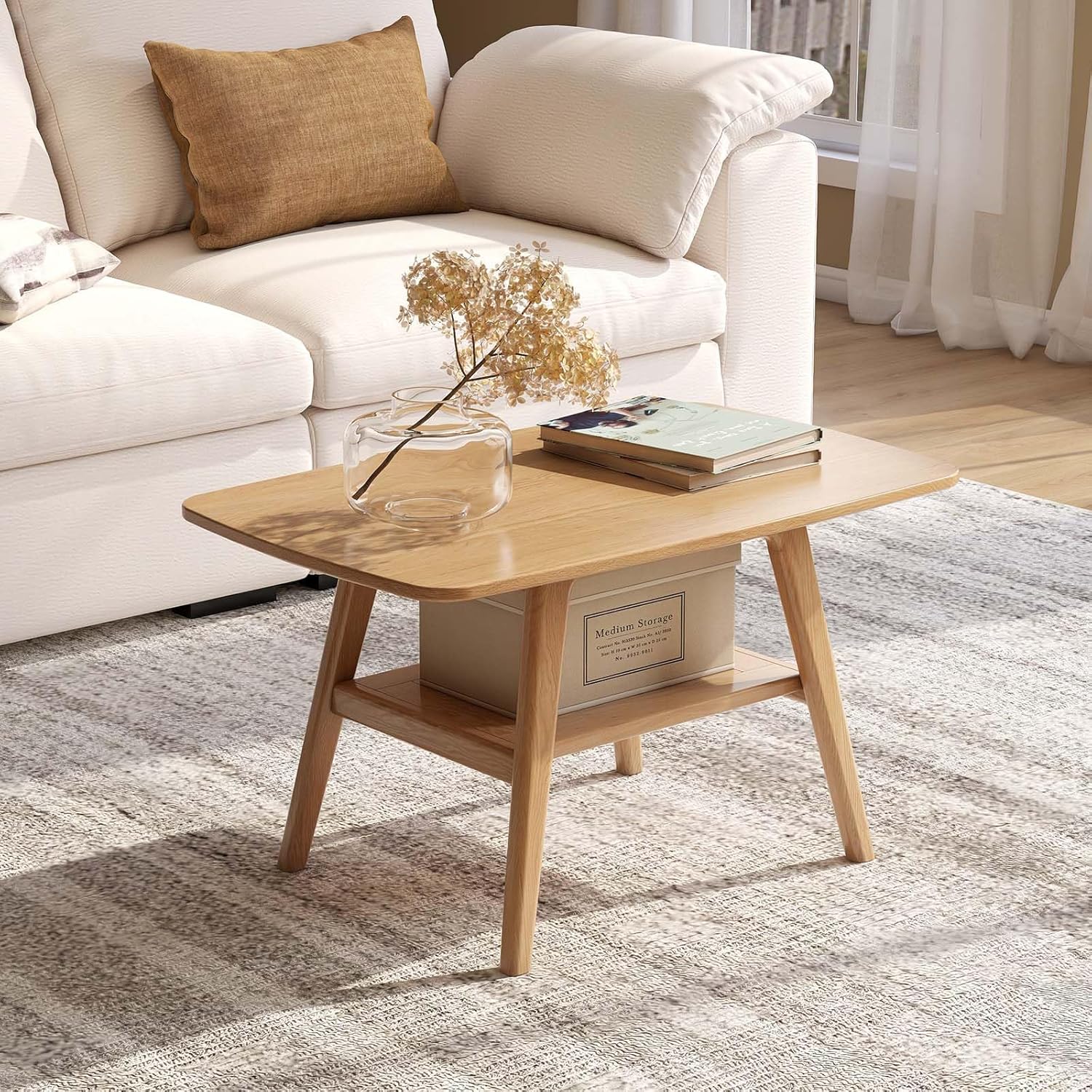 Wayshome Solid Oak Wood Coffee Table with Shelf Storage