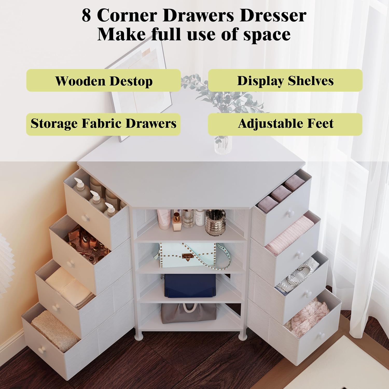 LUMTOK 8 Drawer Corner Dresser with Fabric and Open Shelves White