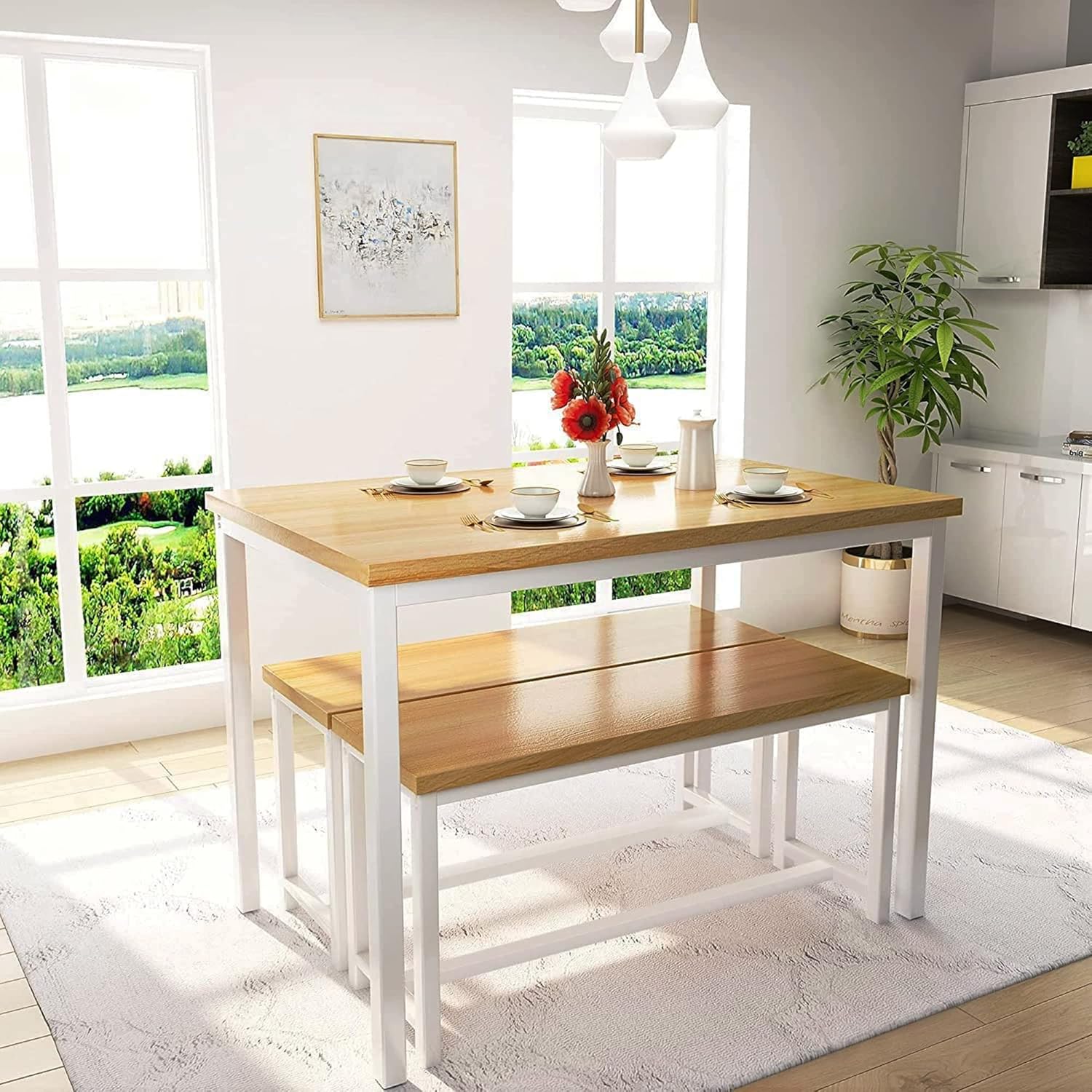 AWQM Dining Table Set with 2 Benches 472x287x287 Inches Beige