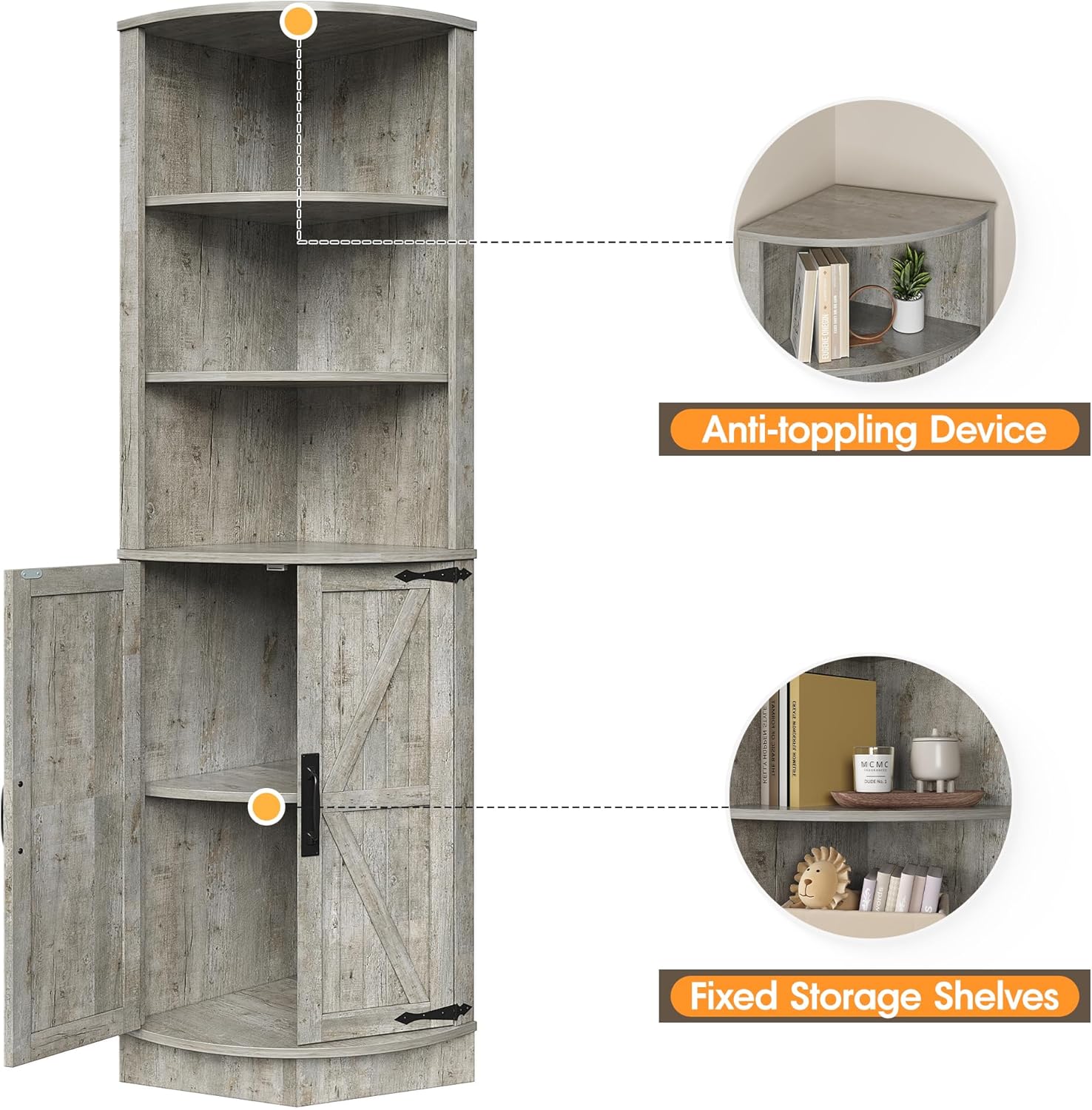 Vabches 648 Tall Farmhouse Corner Cabinet with Storage Shelves