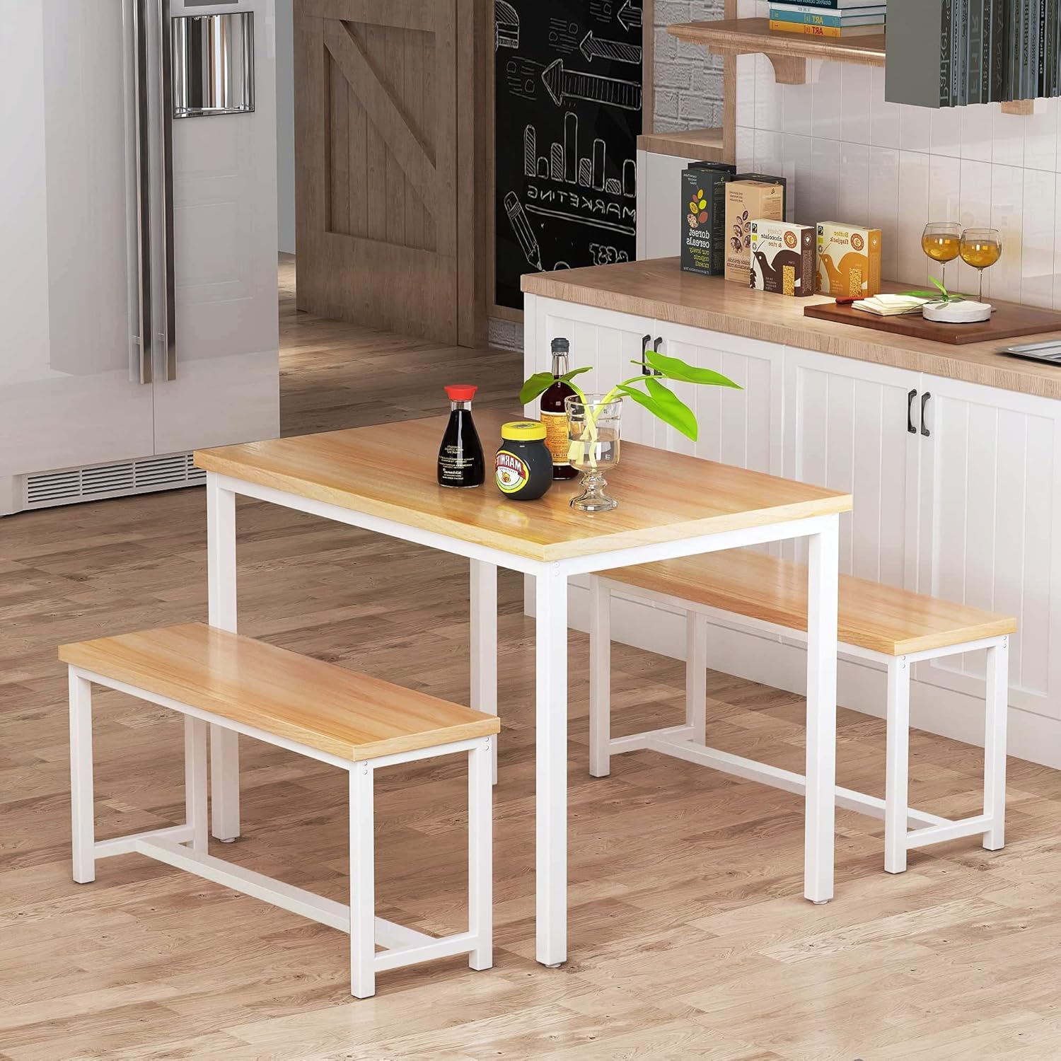 AWQM Dining Table Set with 2 Benches 472x287x287 Inches Beige