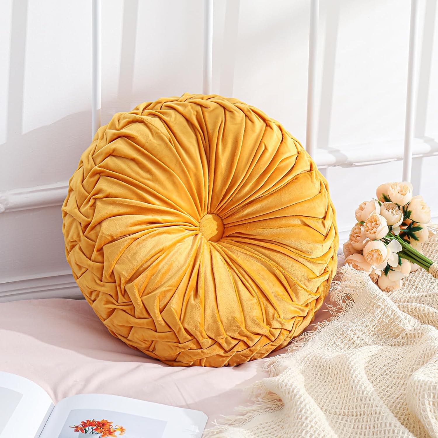 Yellow Velvet Round Throw Pillow 15 Inch Decorative