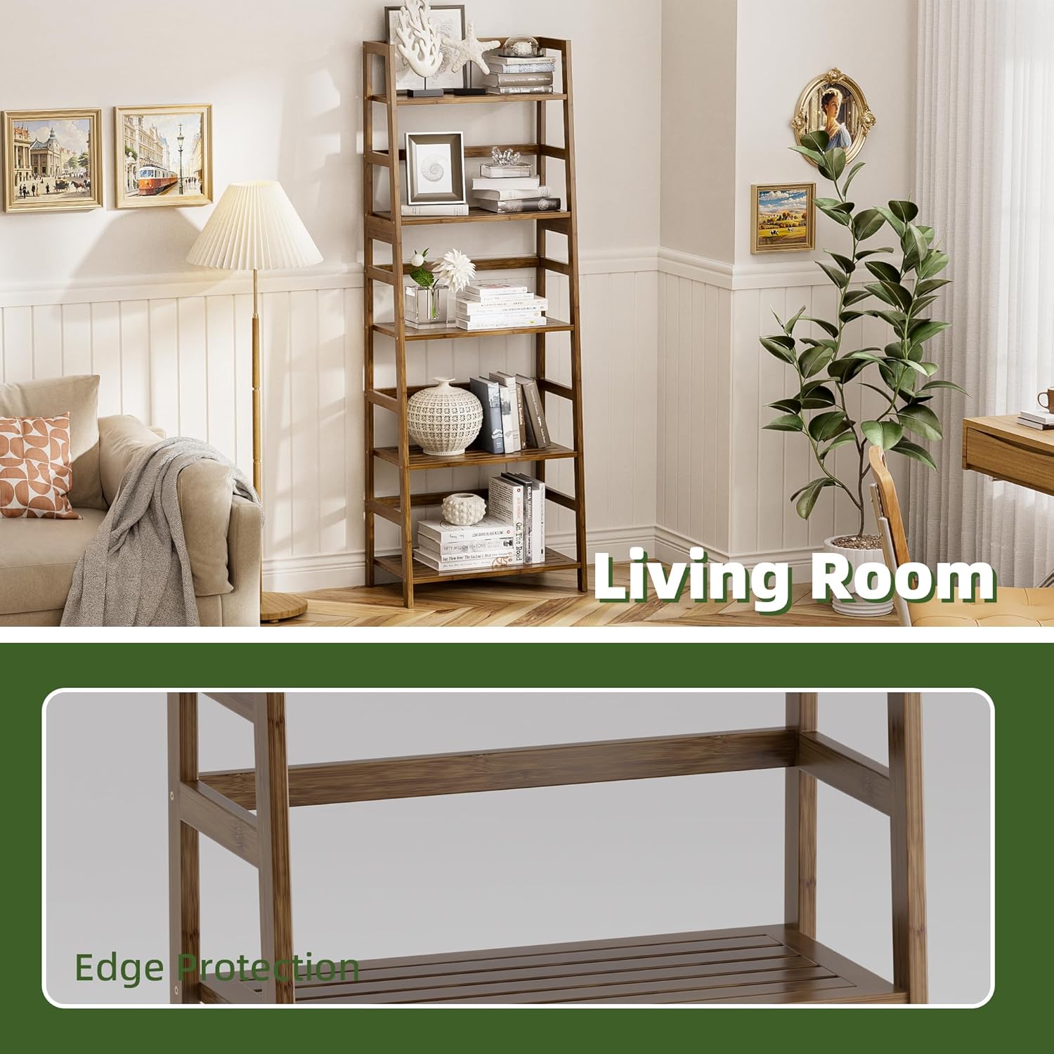 Vovala 5-Tier Bamboo Bookshelf with Modern Ladder Design
