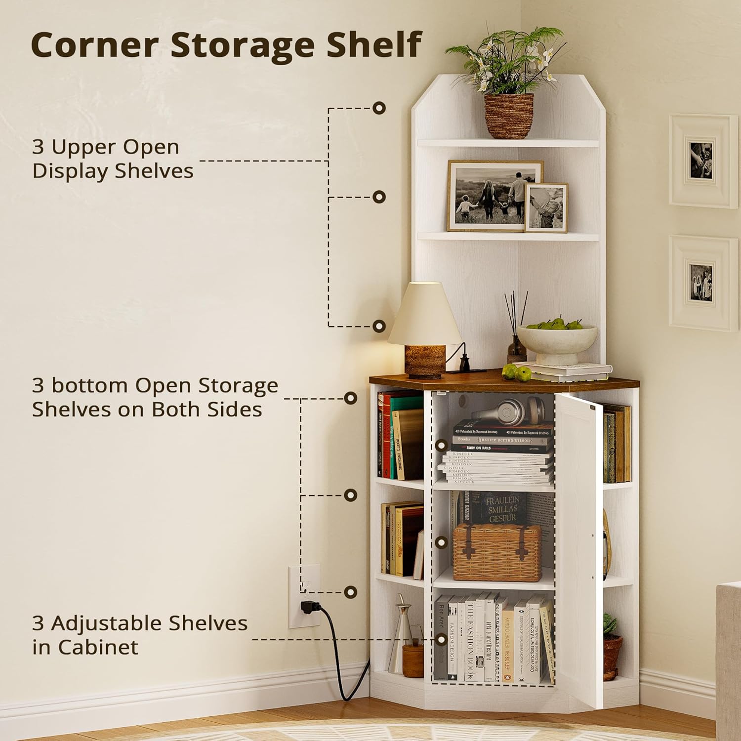 IRONCK Tall Corner Cabinet with USB Charging Station