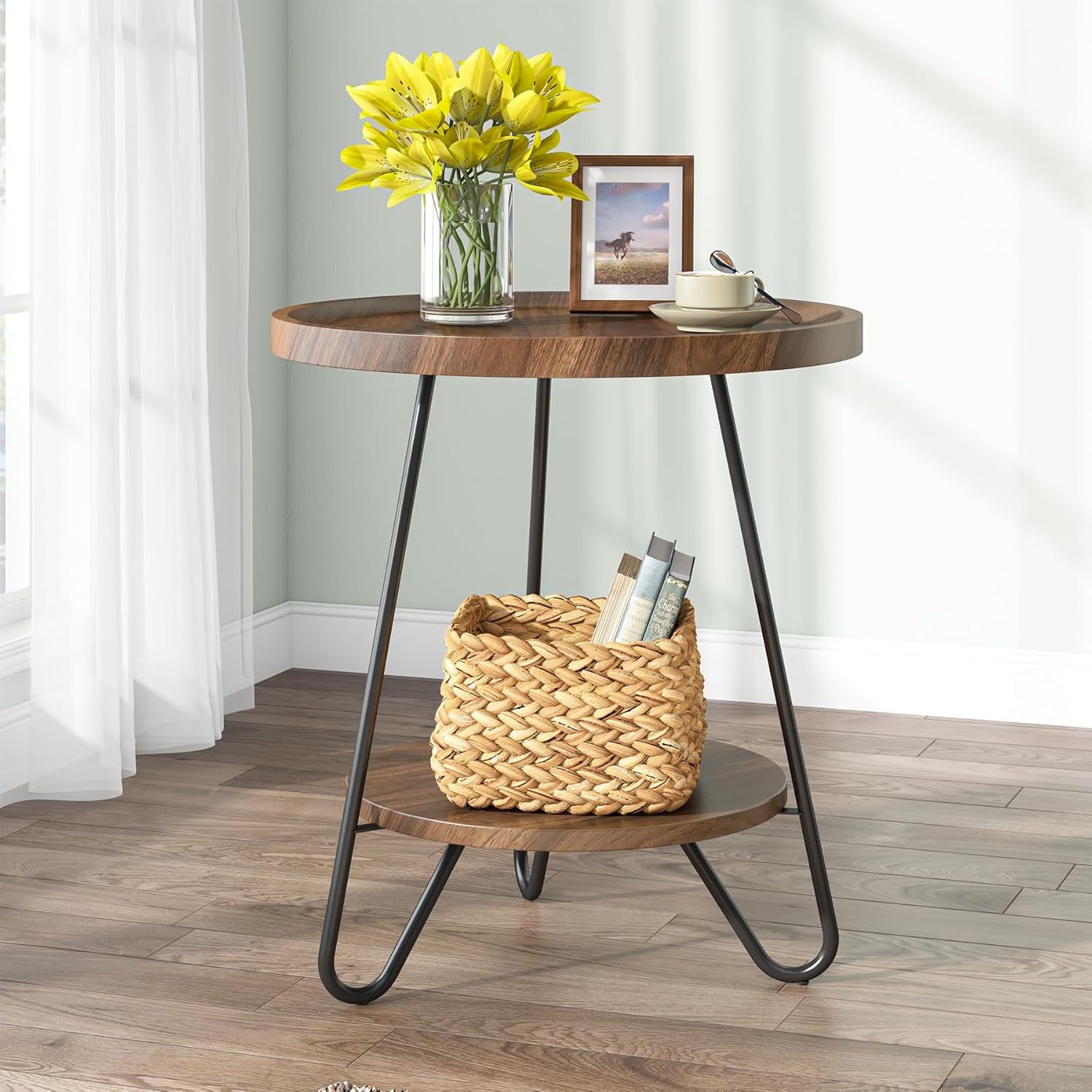 Tribesigns Round Side Table with Metal Legs 2-Tier End Table Modern Industrial Brown