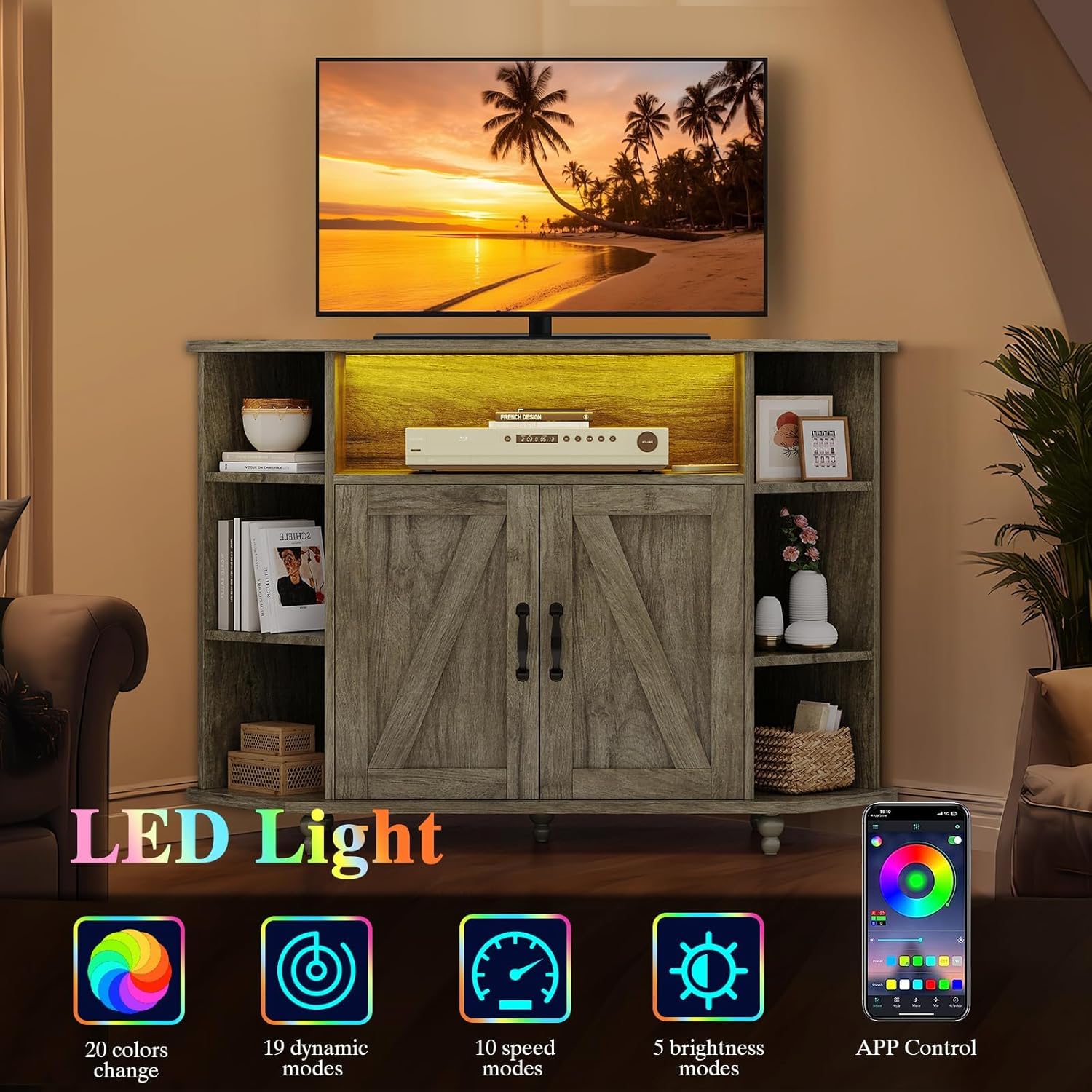 4 Ever Winner Corner TV Stand for 50 Inch TV Farmhouse Style with LED Light Open Storage Adjustable Shelves Grey