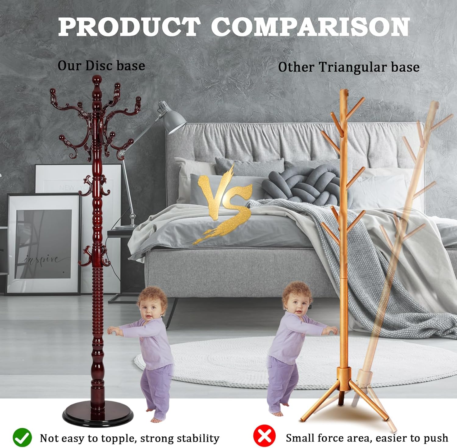 Free Standing Coat Rack with 14 Hooks and Natural Wood Base