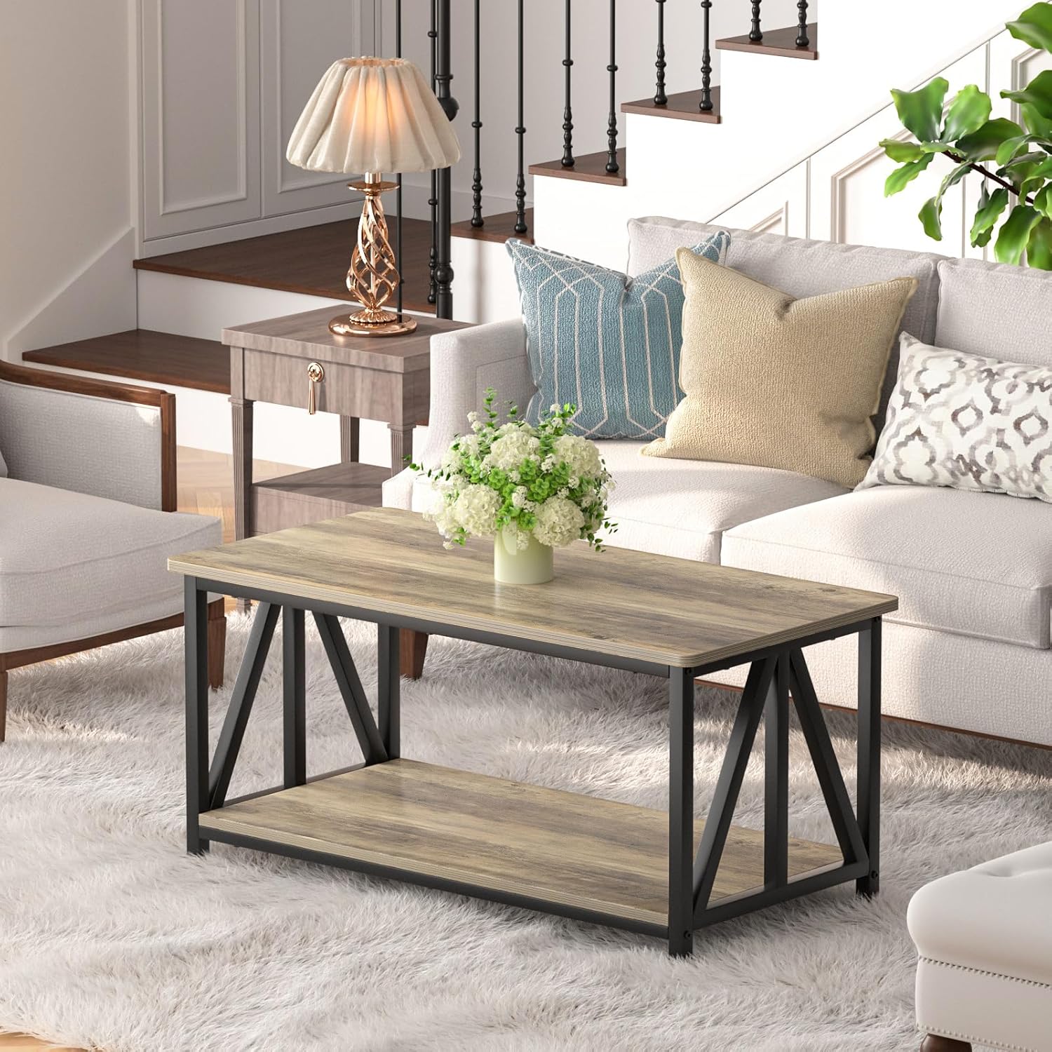 Modern Farmhouse Coffee Table with 2 Tier Storage and Round Edges