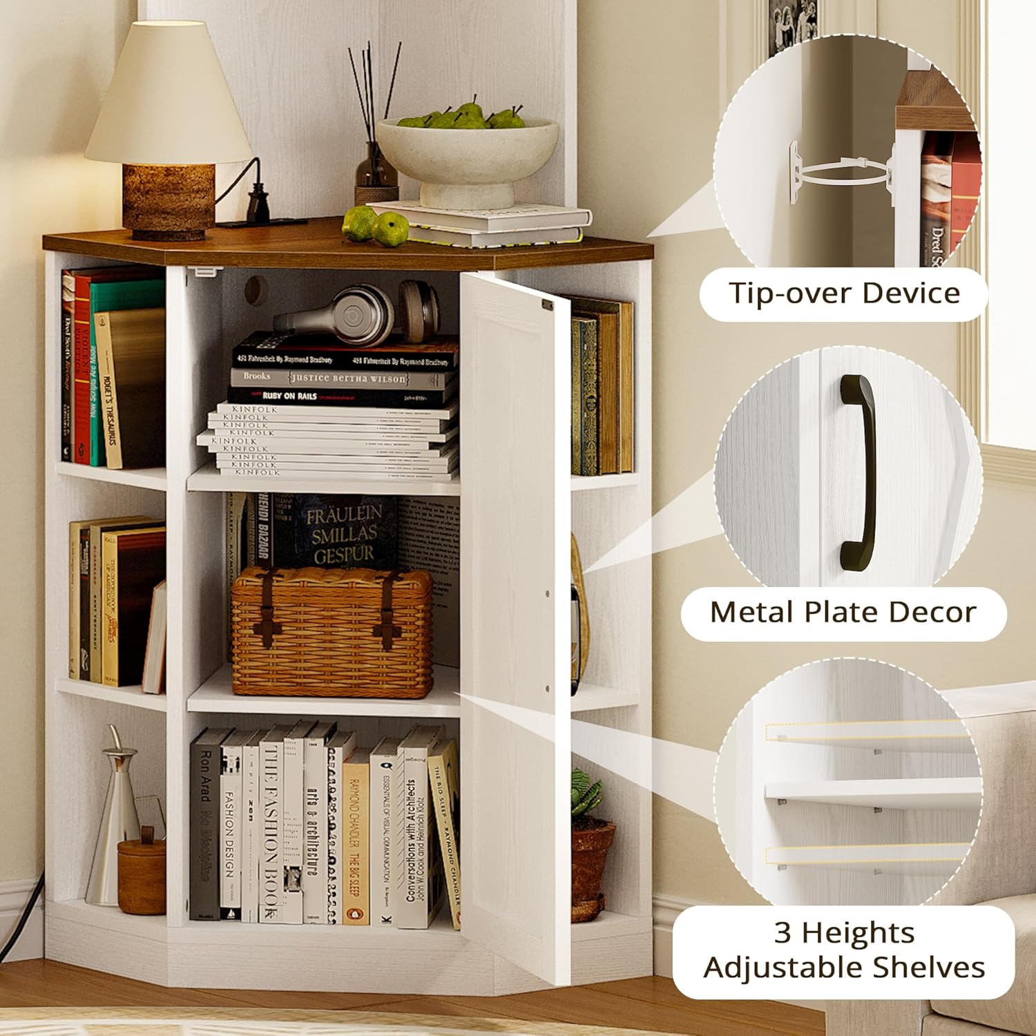 IRONCK Tall Corner Cabinet with USB Charging Station