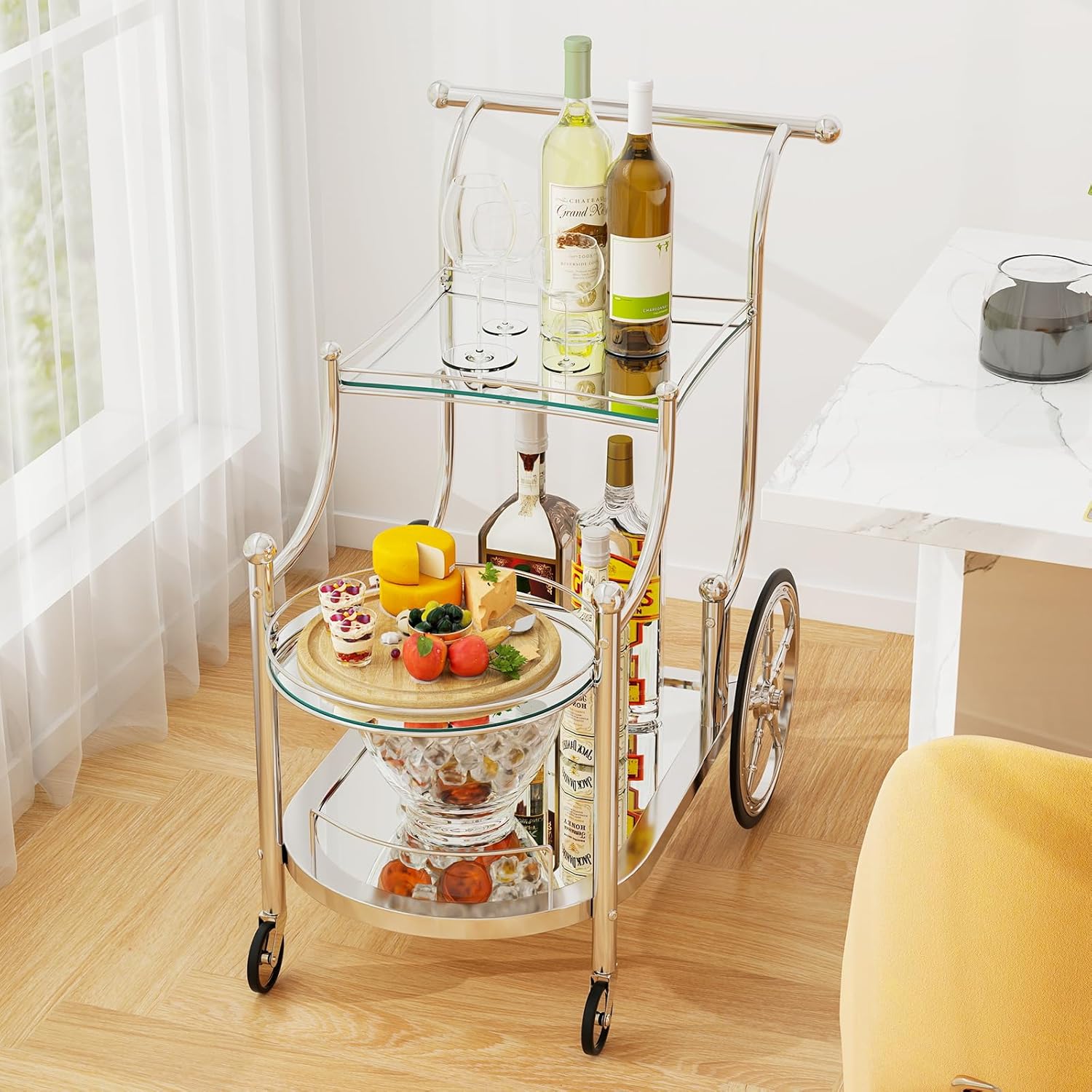 Tangkula 3-Tier Bar Cart with Mirrored Shelves and 4 Wheels