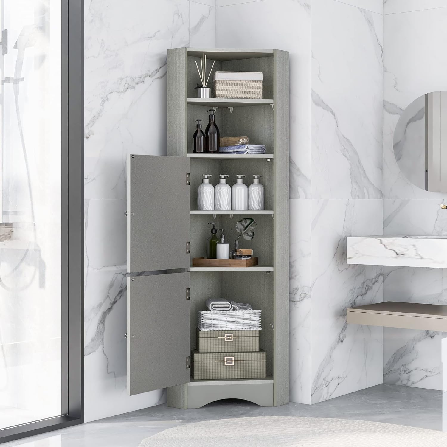 Tall Triangle Bathroom Cabinet with Doors and Adjustable Shelves Grey