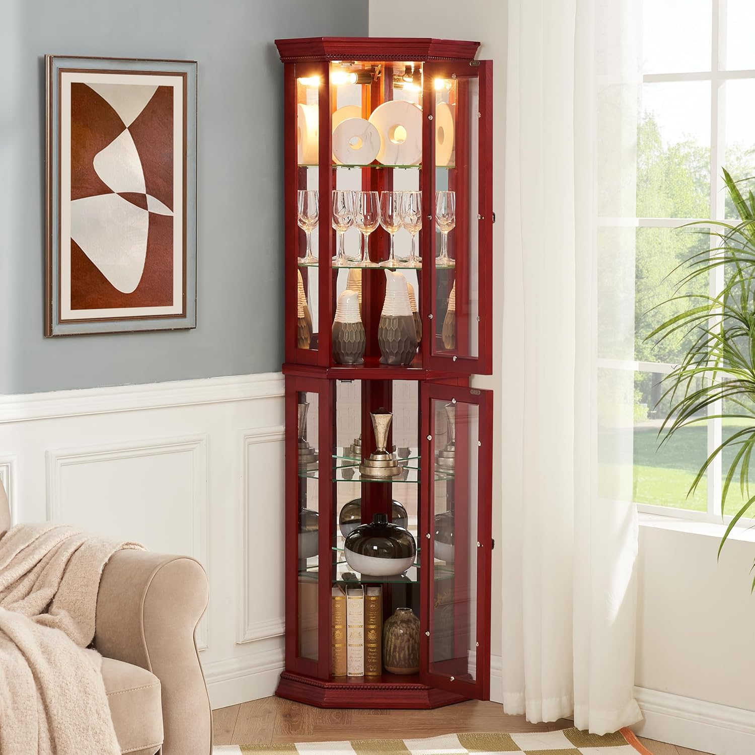 69 Inch Lighted Curio Cabinet with Tempered Glass Door and Adjustable Shelves
