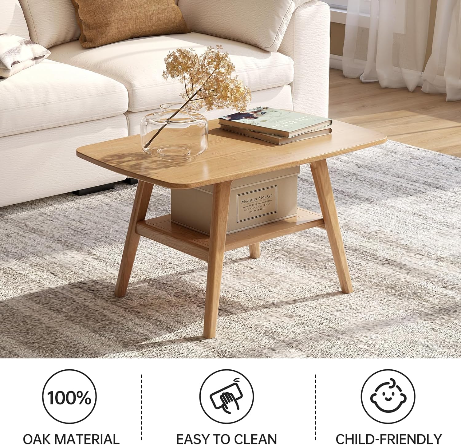 Wayshome Solid Oak Wood Coffee Table with Shelf Storage