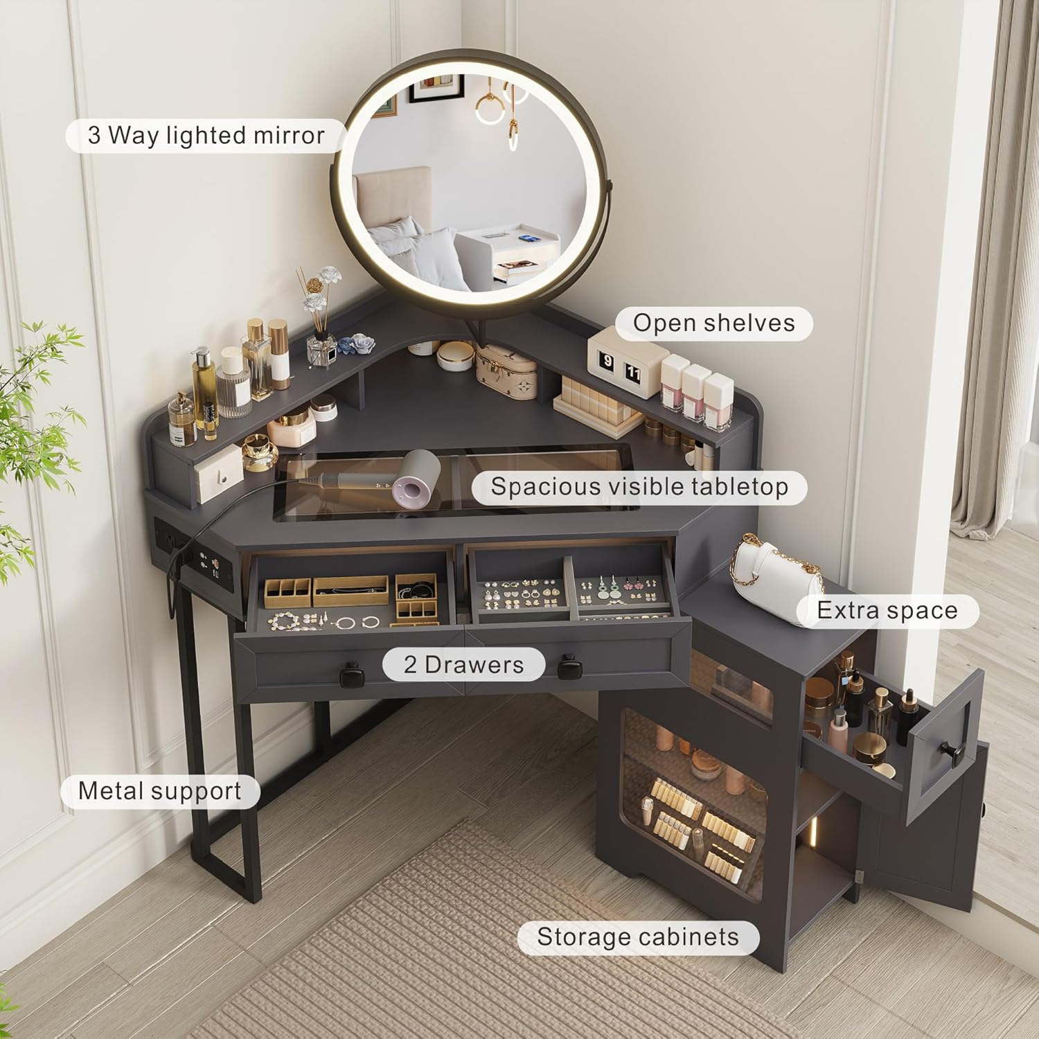 Modern Corner Vanity Desk with Mirror Lights and Storage