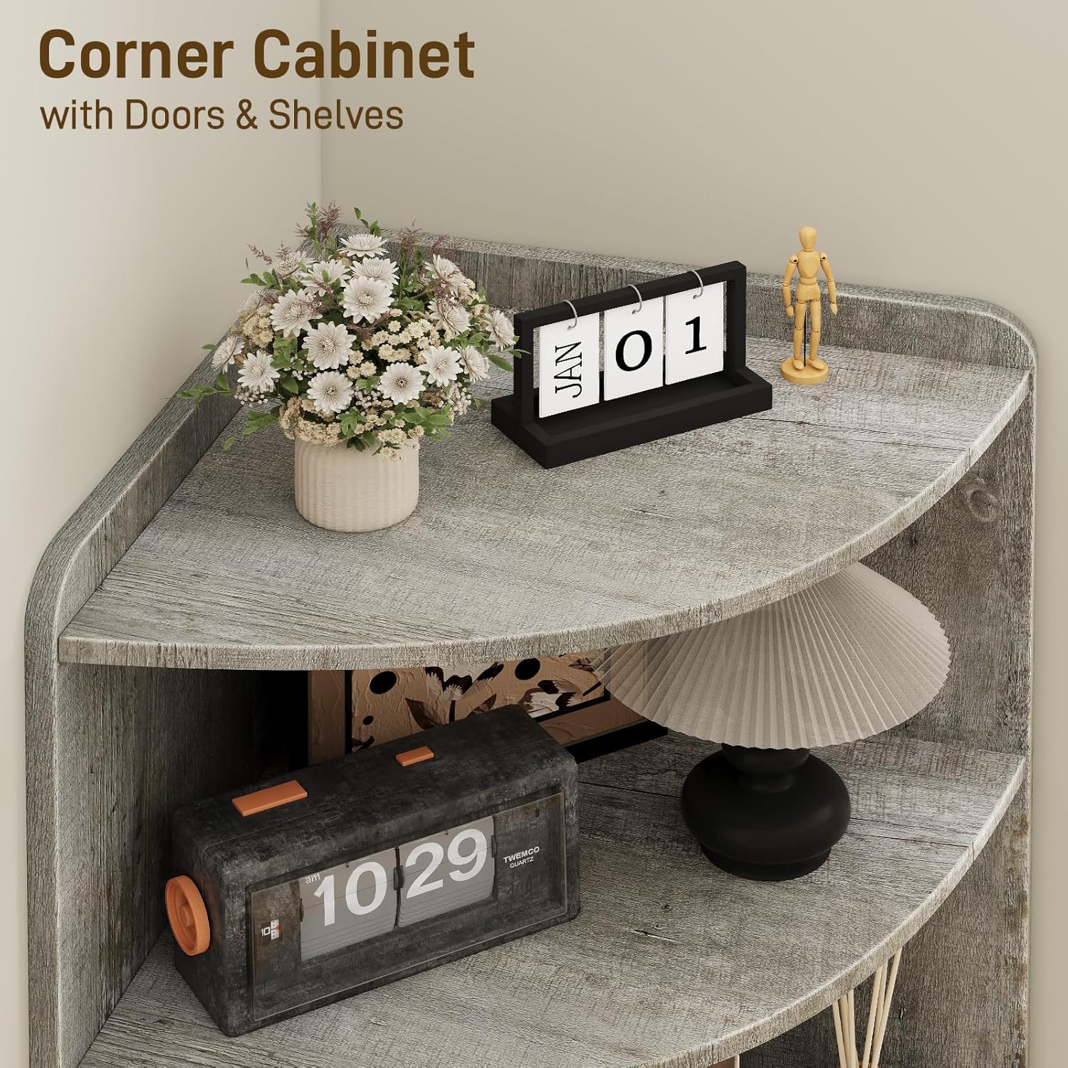 Vabches Tall Corner Cabinet with Barn Door Design Grey