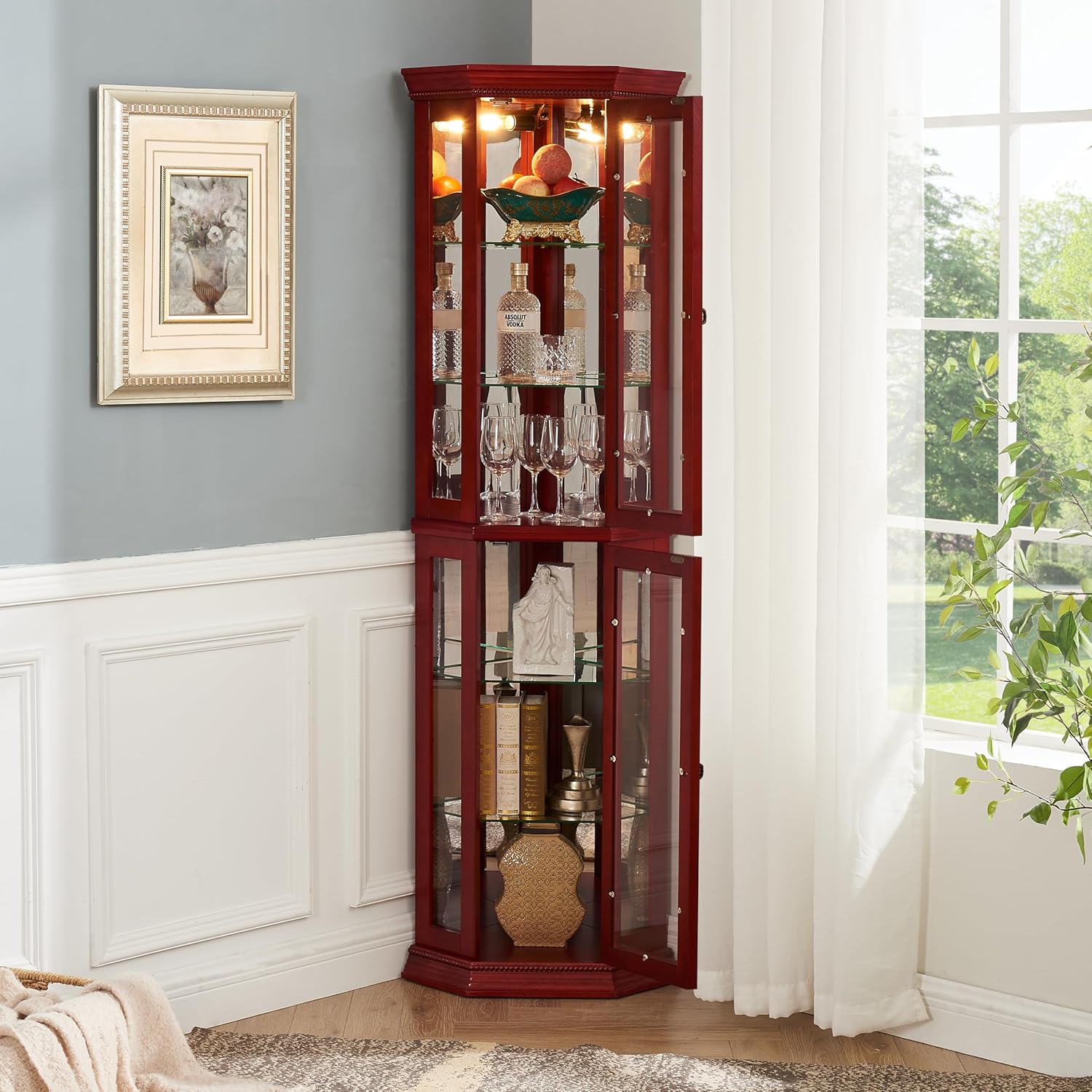 69 Inch Lighted Curio Cabinet with Tempered Glass Door and Adjustable Shelves
