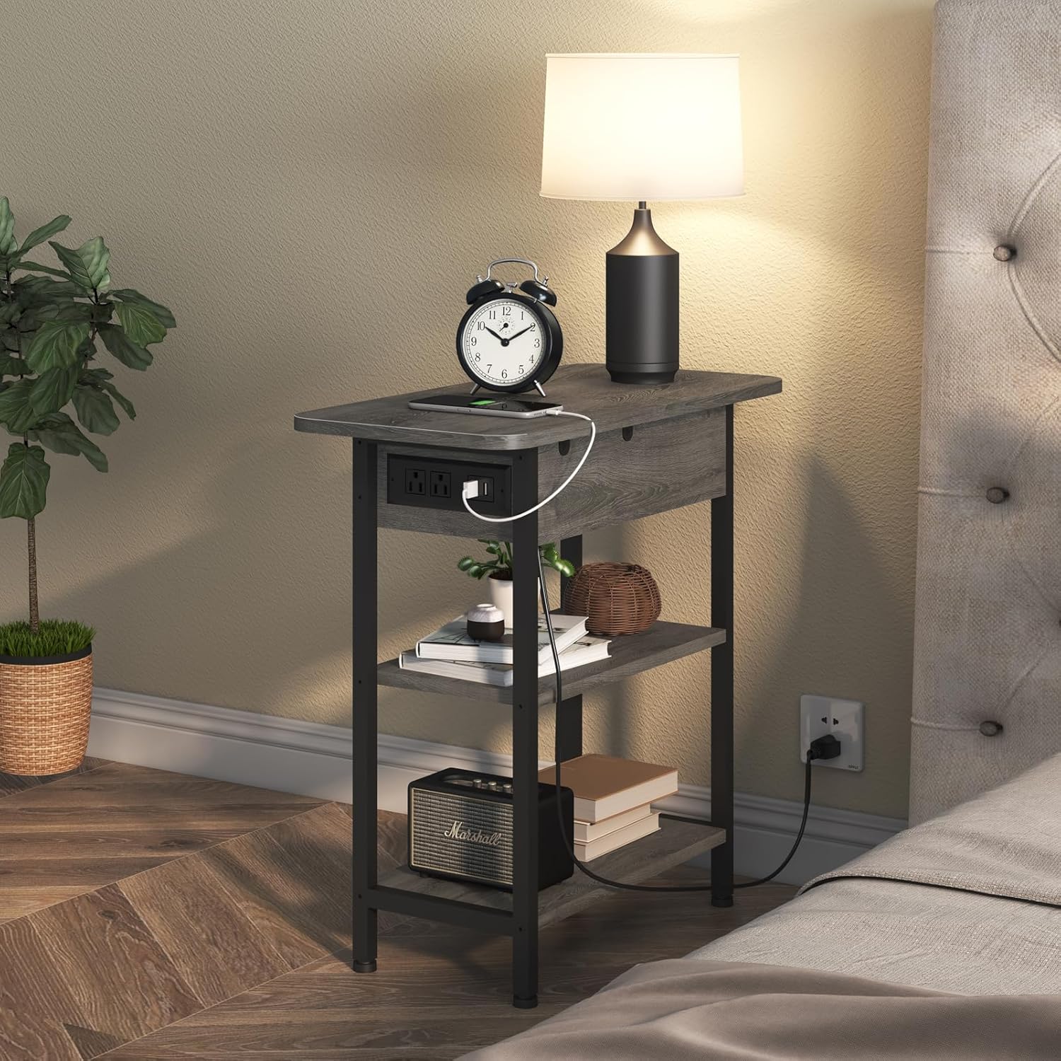 LIDYUK End Table with Charging Station USB Ports and Outlets Flip Top Side Table for Small Spaces Dark Grey