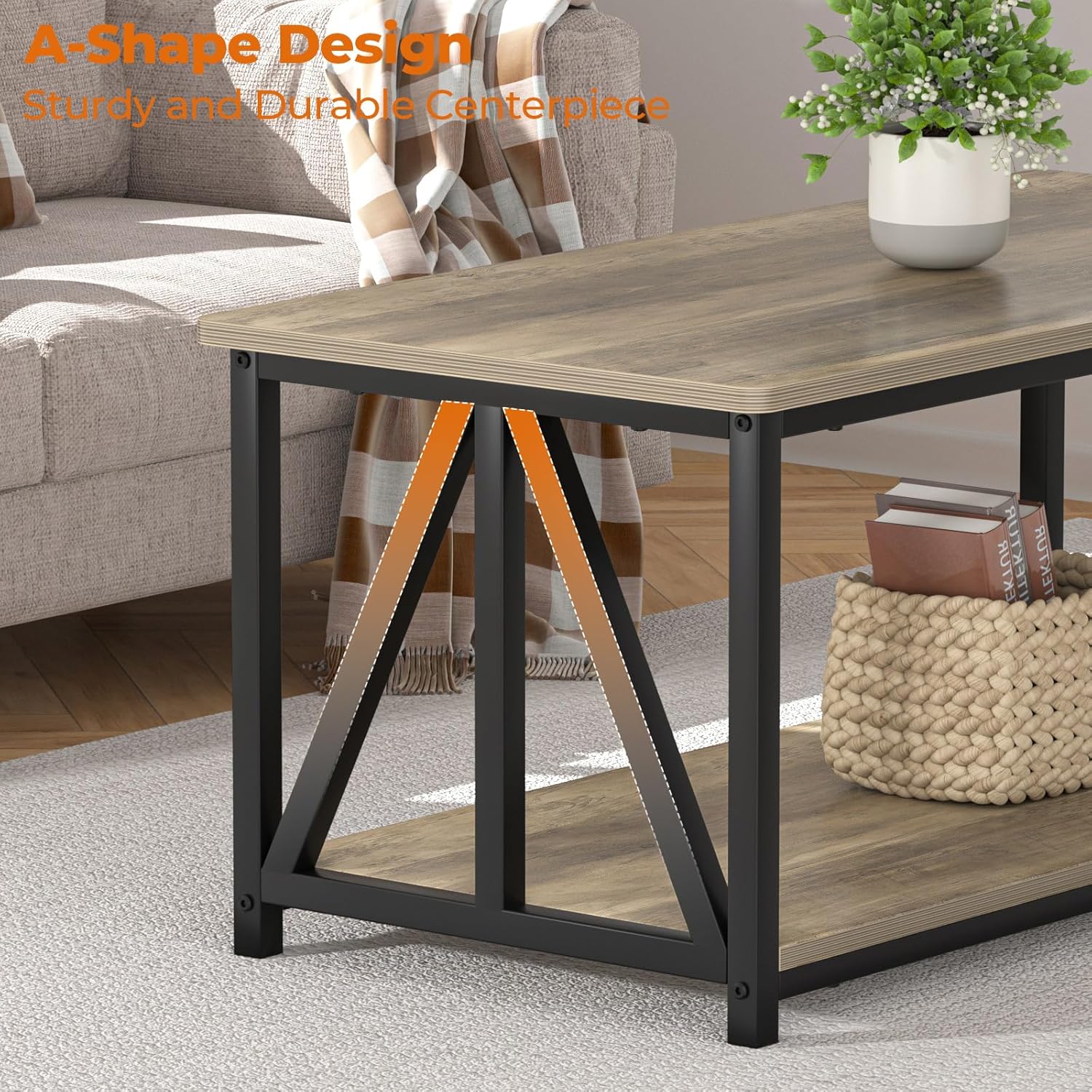 Modern Farmhouse Coffee Table with 2 Tier Storage and Round Edges