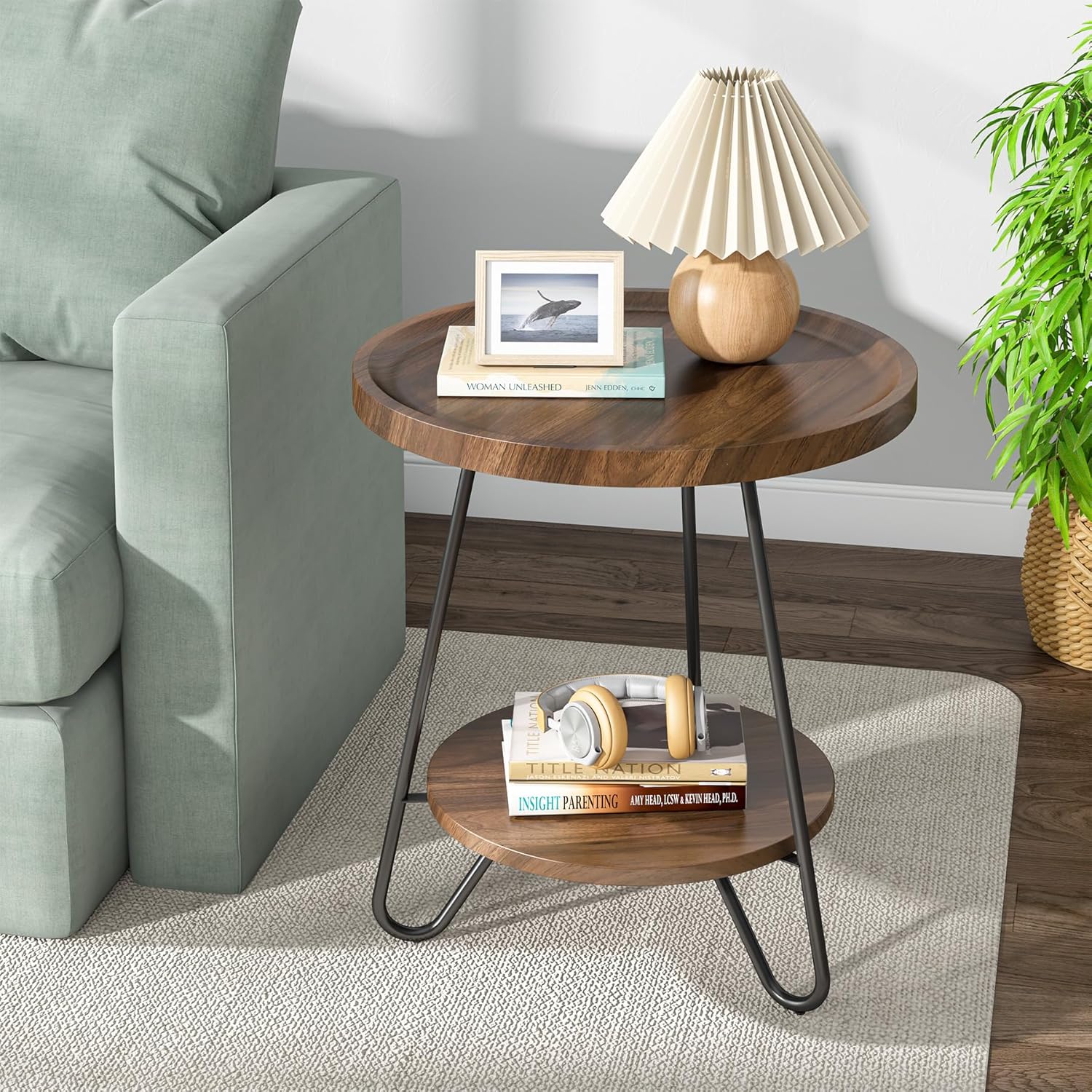 Tribesigns Round Side Table with Metal Legs 2-Tier End Table Modern Industrial Brown