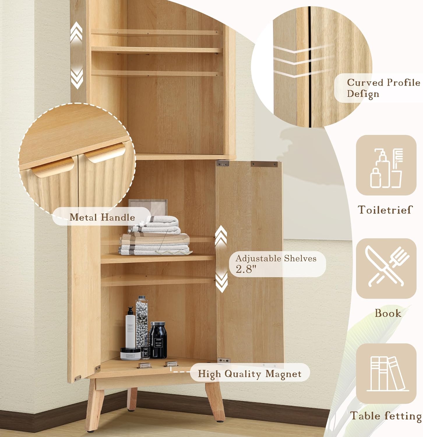 68 Corner Storage Cabinet with Fluted Doors and Adjustable Shelves