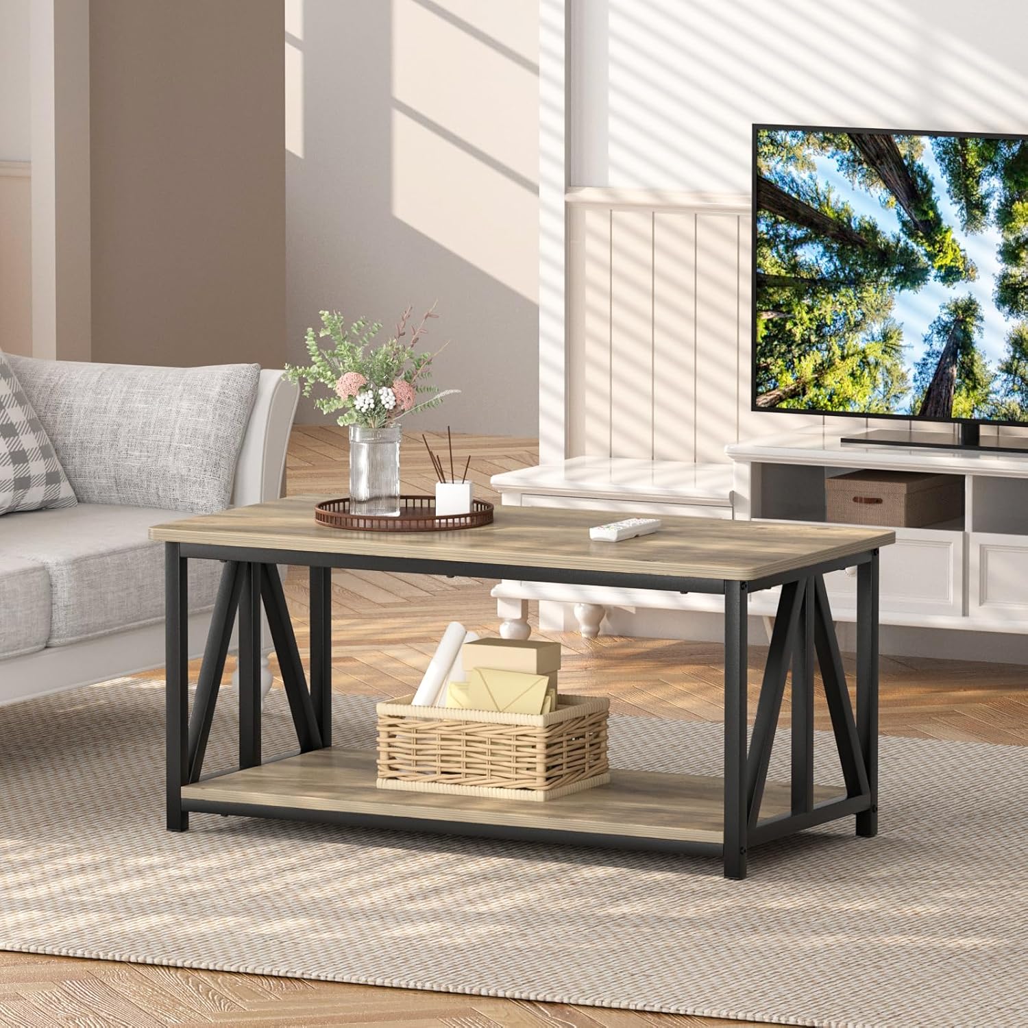 Modern Farmhouse Coffee Table with 2 Tier Storage and Round Edges