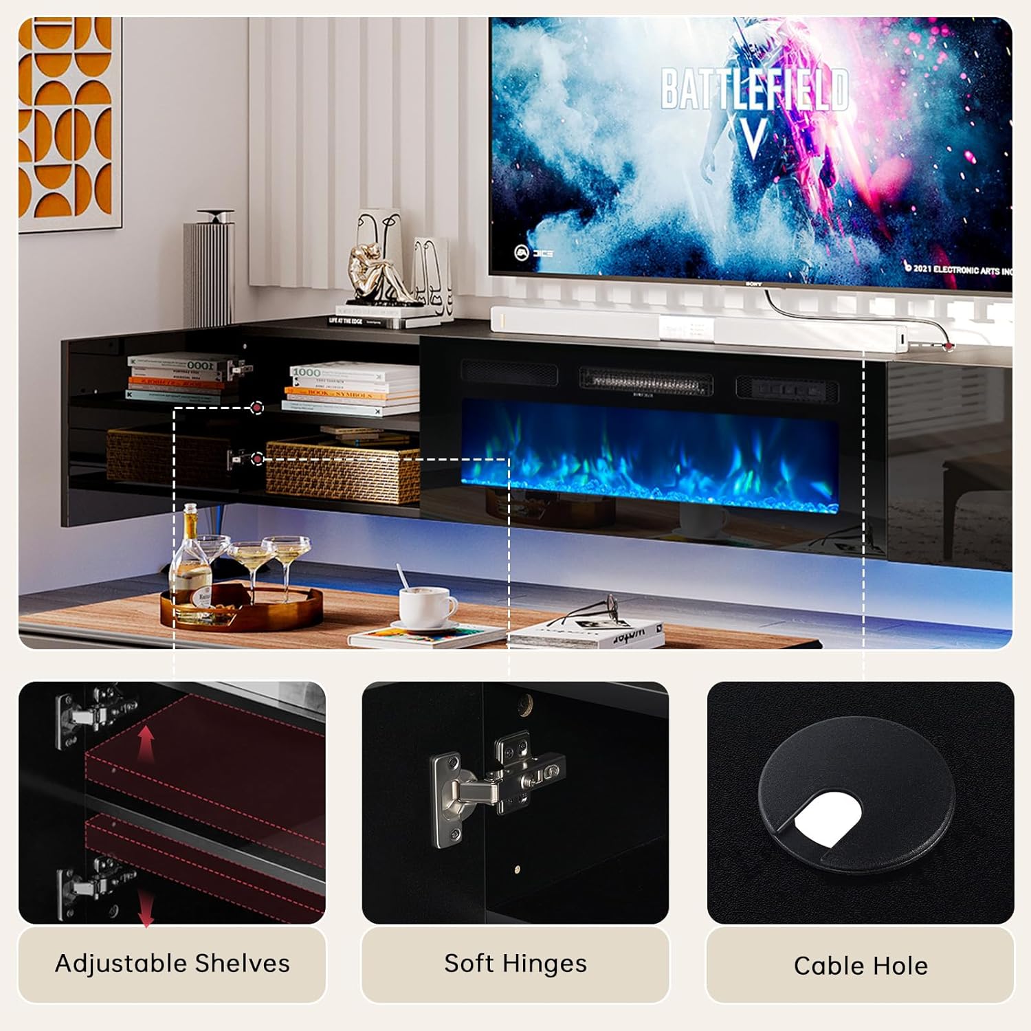 Oneinmil 70 Inch Floating TV Stand with Electric Fireplace